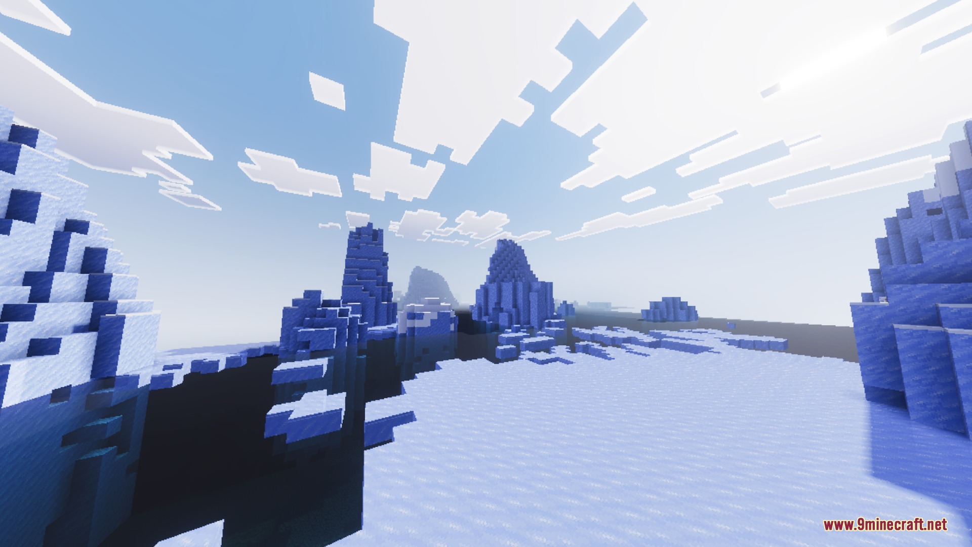 Solace Lite Shader Screenshot 2 A frozen landscape featuring towering blue ice spikes and clear bright daylight