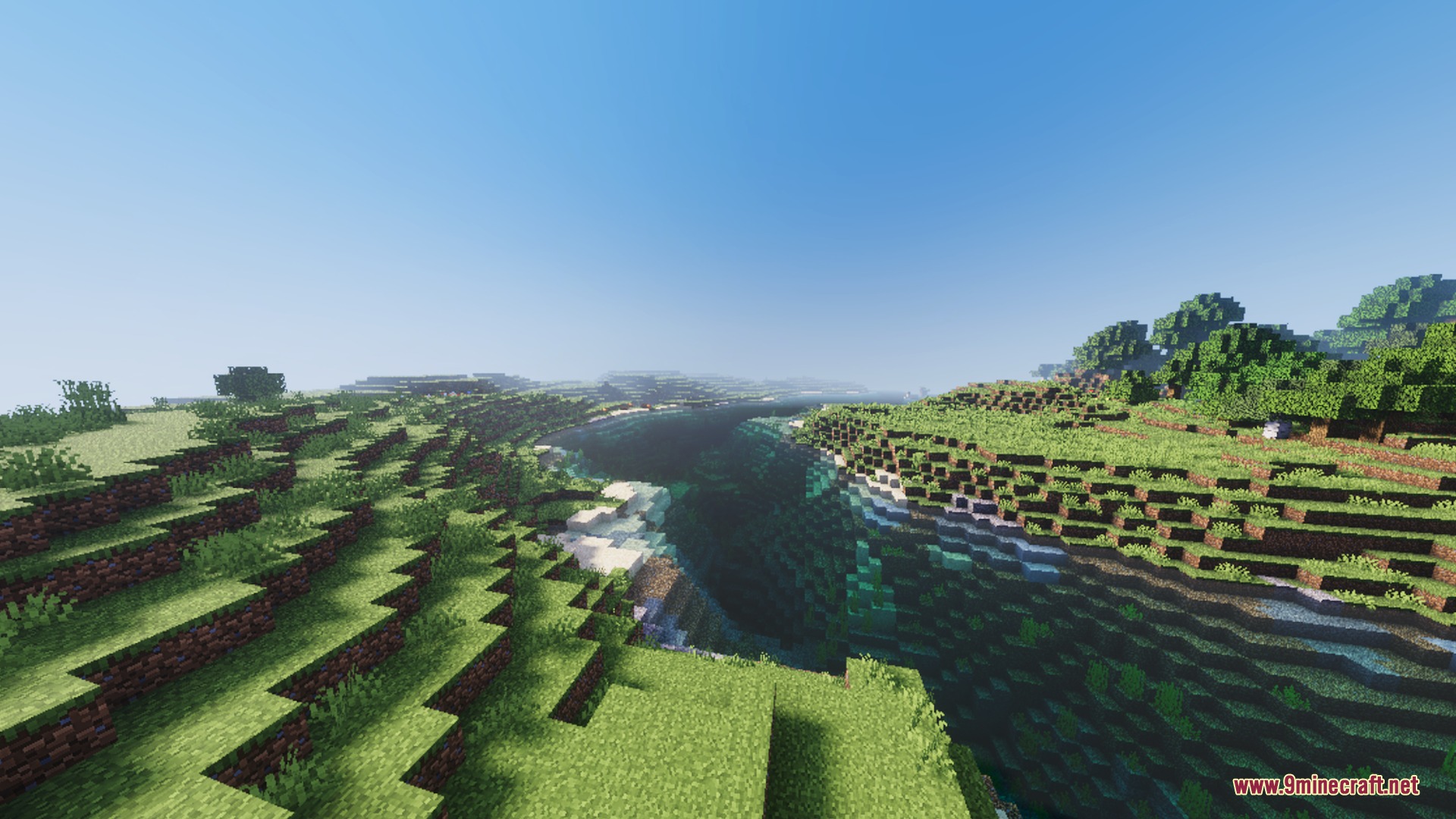 Solace Lite Shader Screenshot 3 A scenic view of a lush green valley with realistic water and lighting
