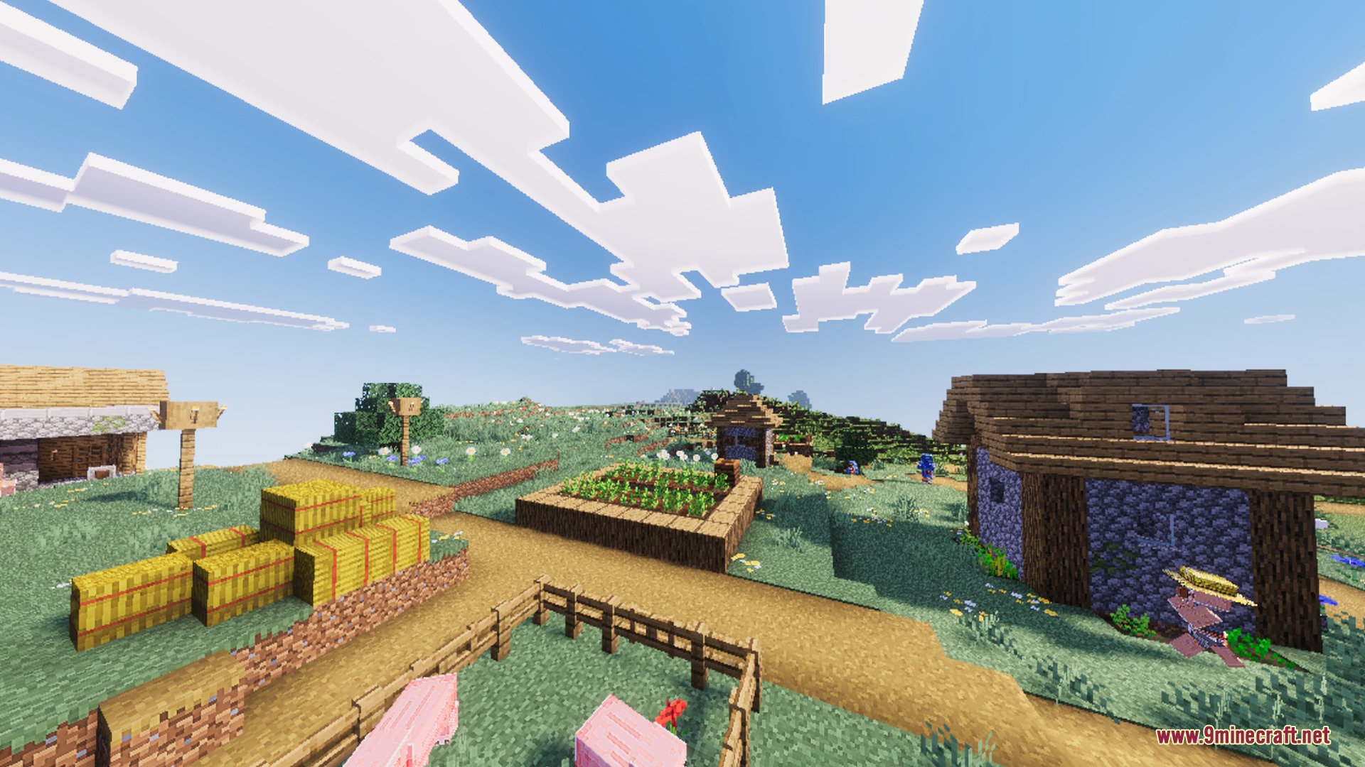 Solace Lite Shader Screenshot 5 Vibrant Minecraft village with hay bales and a farm under fluffy white clouds