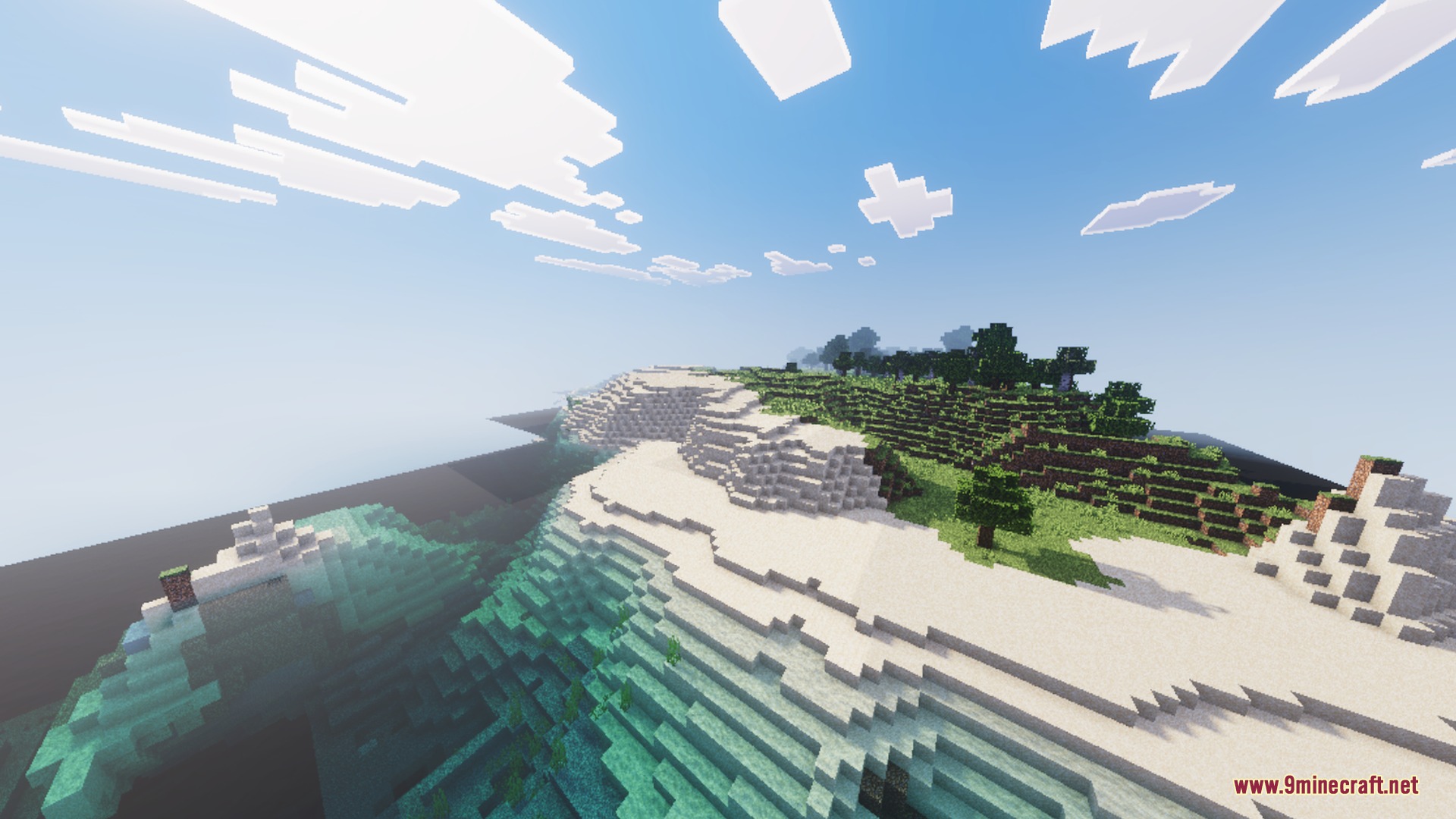 Solace Lite Shader Screenshot 6 Realistic water caustics and a sandy beach along a scenic Minecraft coastline