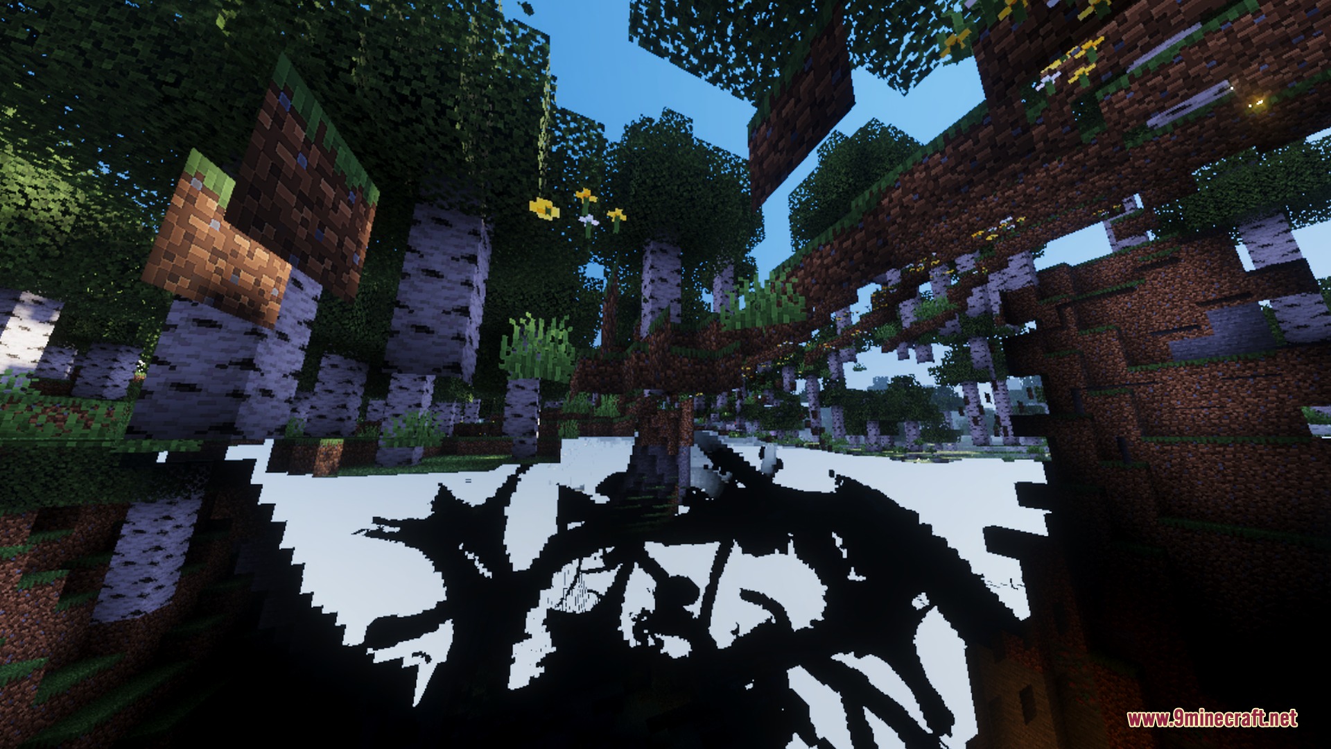 Solace Lite Shader Screenshot 7 Detailed birch forest with unique lighting effects and dark shadows on the ground
