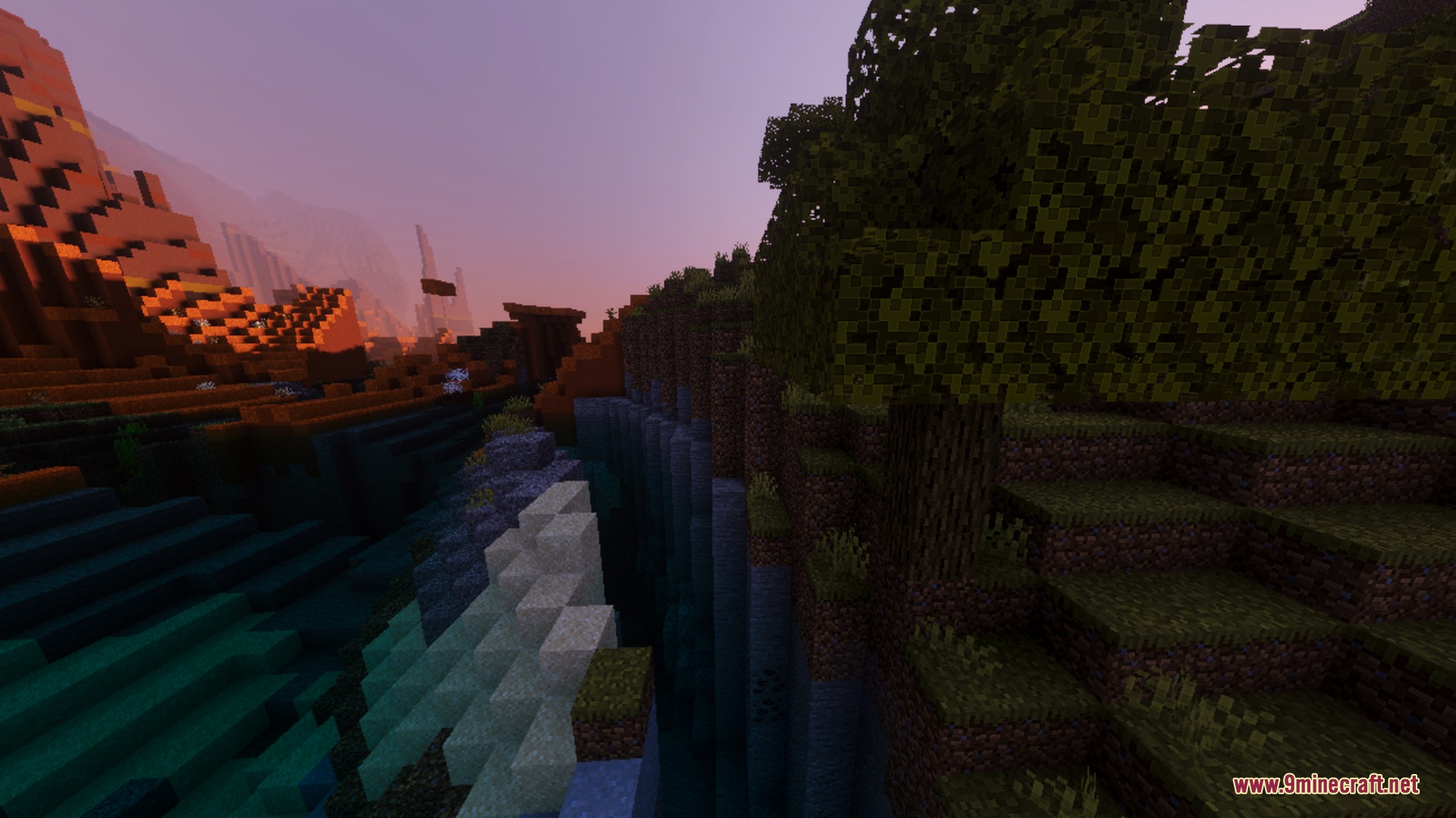 Solace Lite Shader Screenshot 8 Vibrant sunset lighting illuminating a deep ravine and dense forest landscape