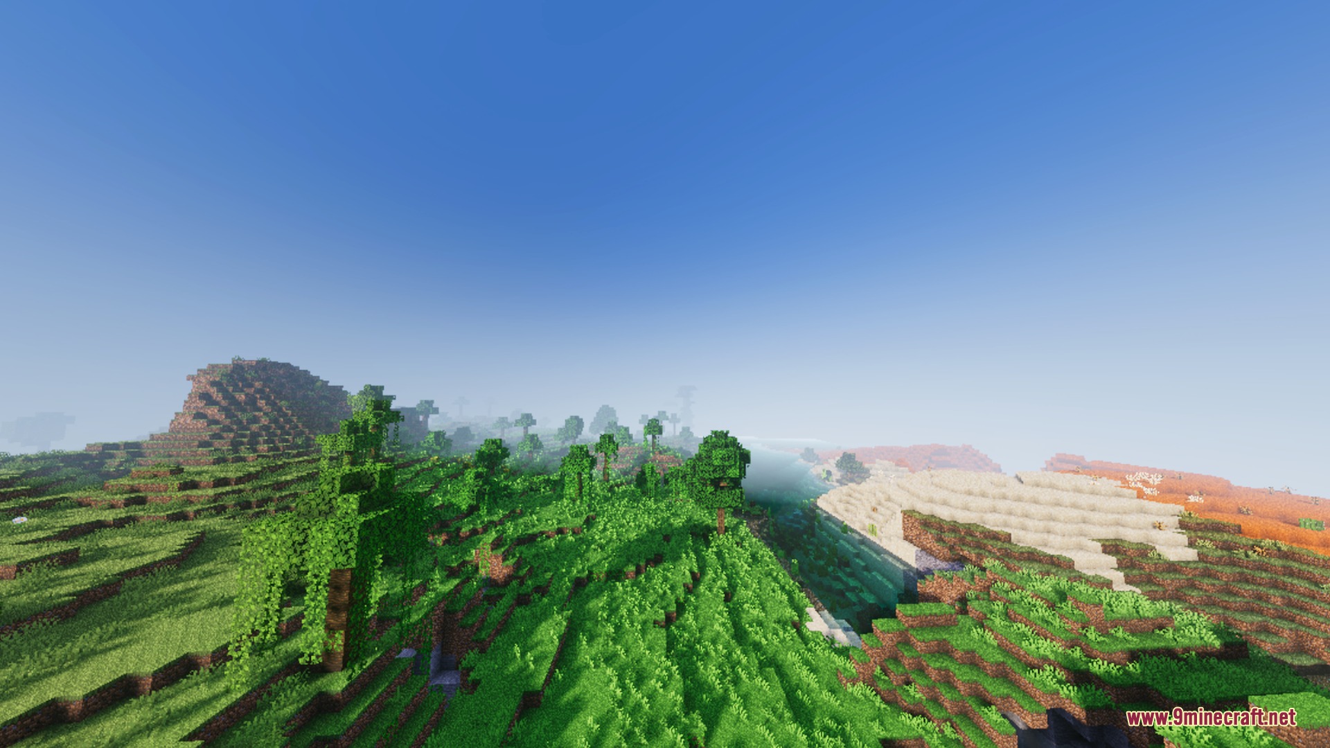 Solace Lite Shader Screenshot 9 Lush green hills and trees under a soft blue sky with realistic fog