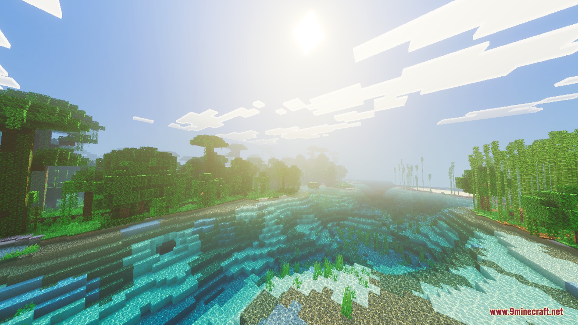 A bright sun shines over a lush jungle biome with clear river water