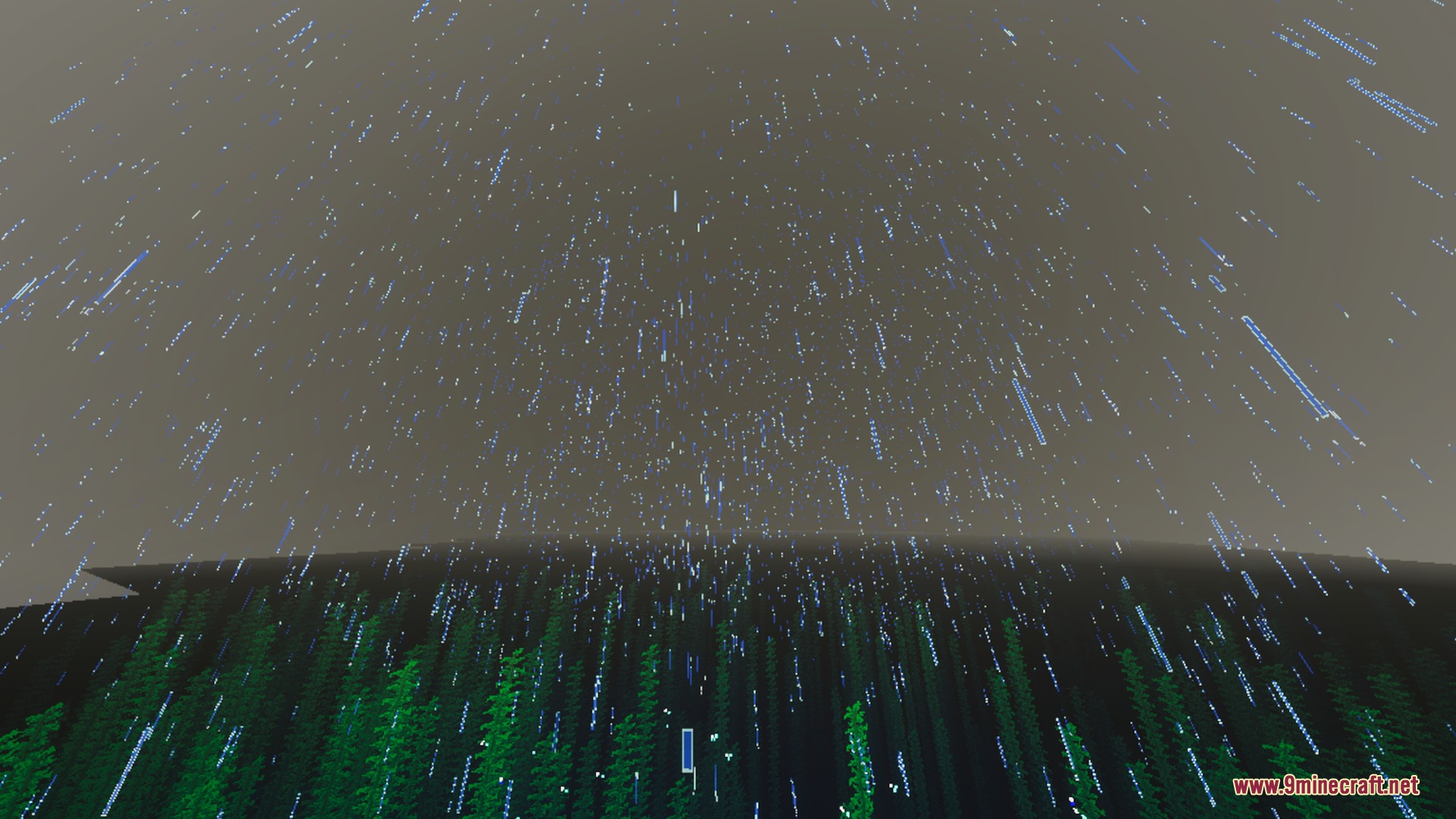 Dynamic rain falling over a dark Minecraft ocean with tall green kelp plants