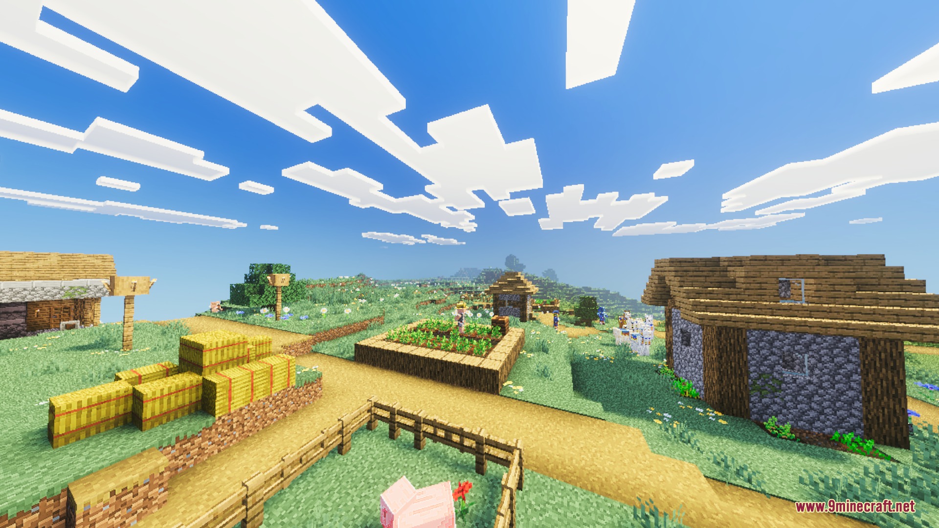 A bright Minecraft village scene with wooden houses and hay bales nearby