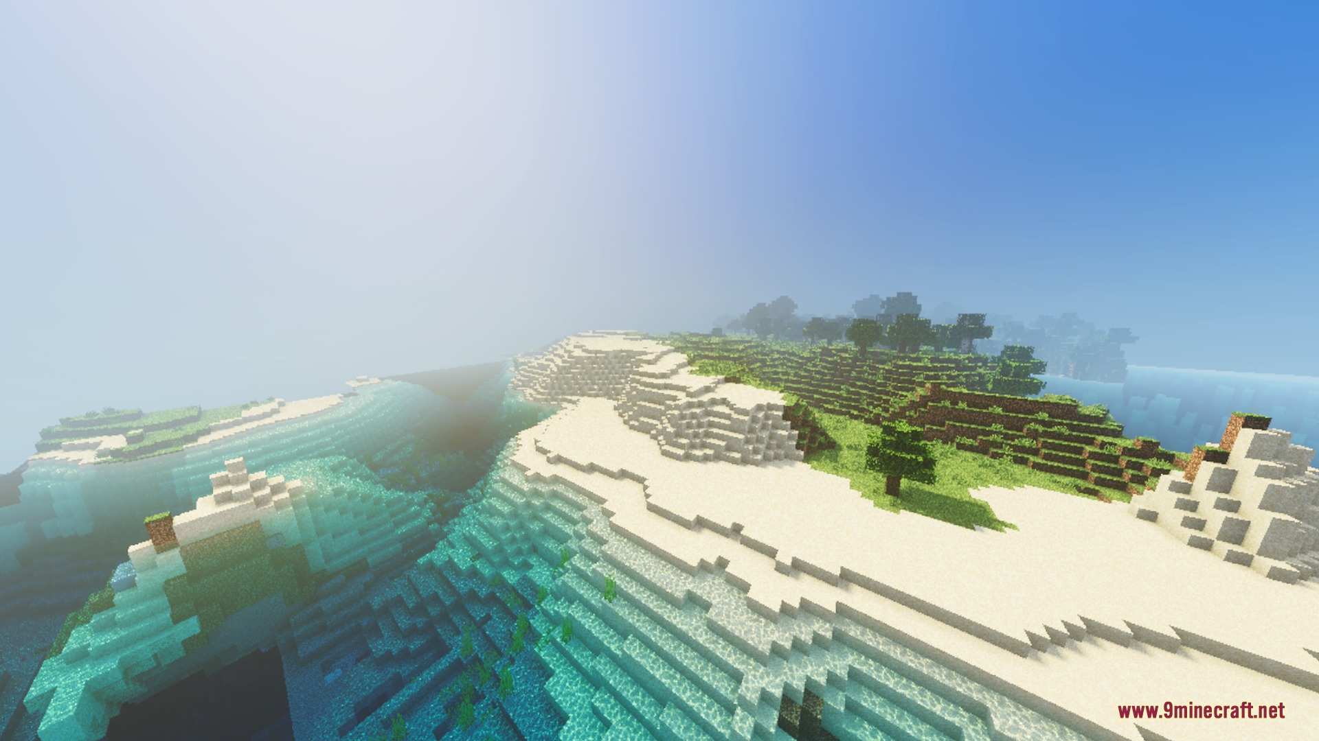 Bright golden light shines over a coastal biome with white sandy beaches