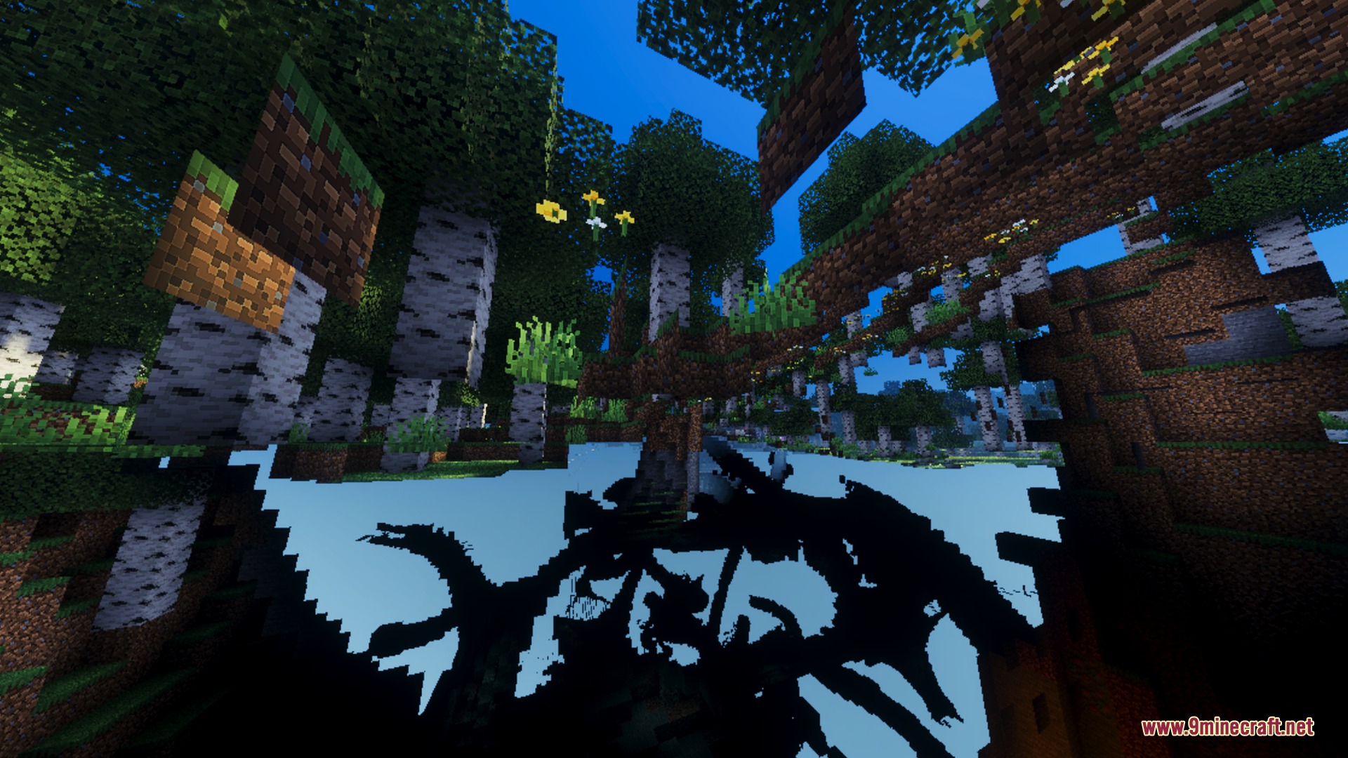 Floating birch trees and a dark dragon silhouette in a glitched Minecraft world