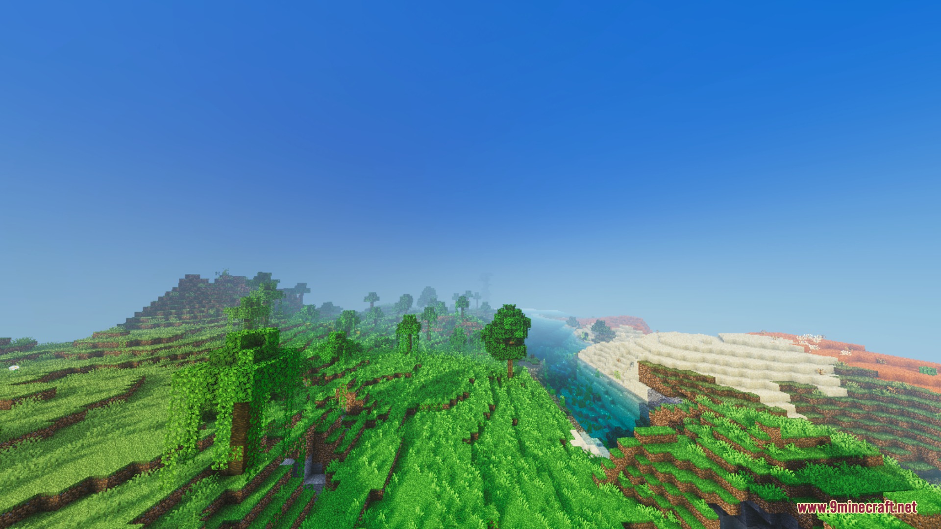 Solscape brings warm golden hour lighting to a lush green Minecraft landscape