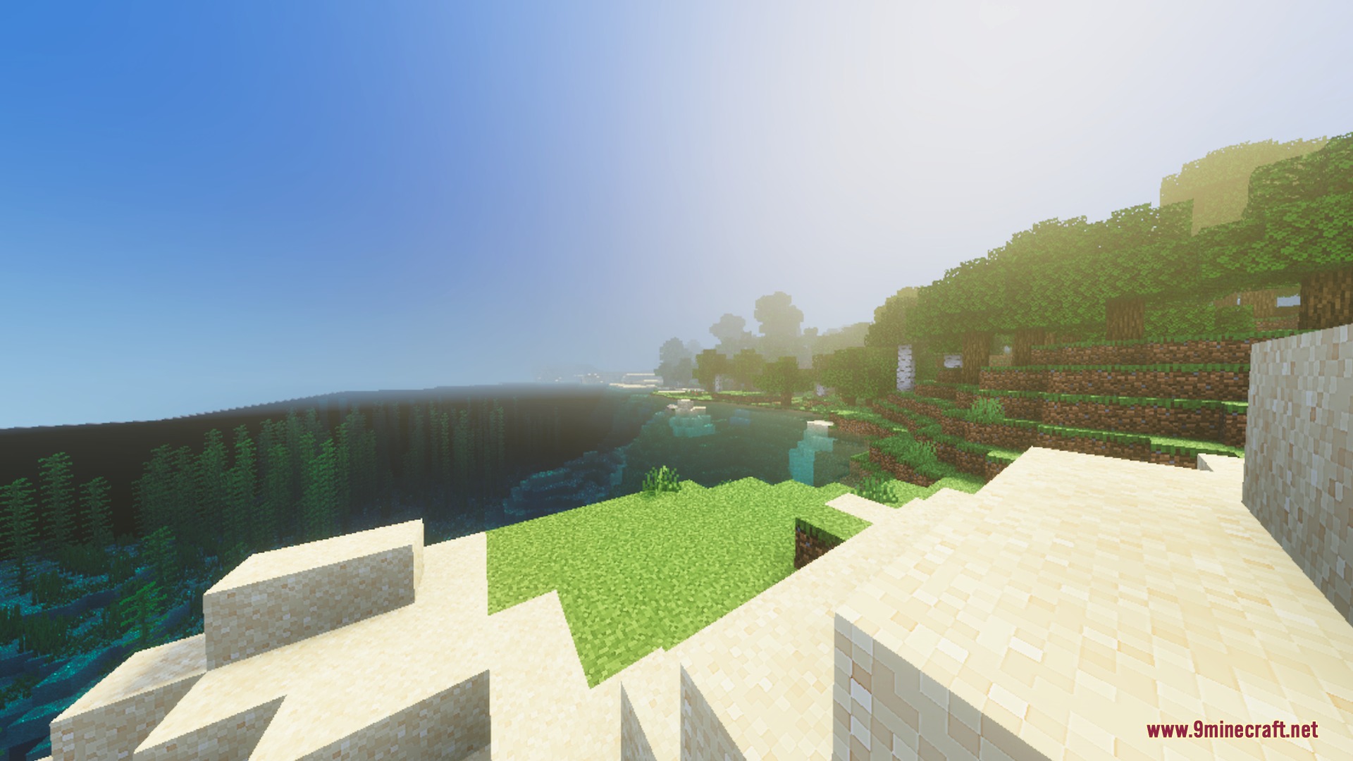 Warm golden hour lighting illuminates a scenic Minecraft coastline with trees and sand