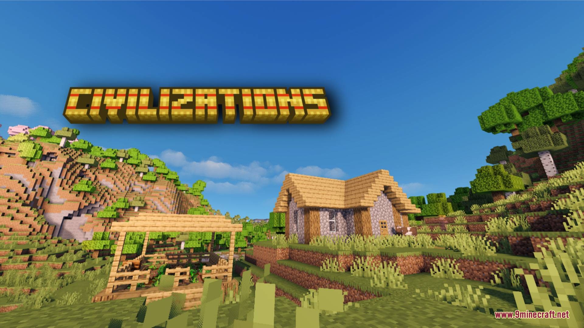 Sovereign Frontier Realms Mod Screenshot 2 A small villager farmer house and wooden shelter sit on a grassy hill
