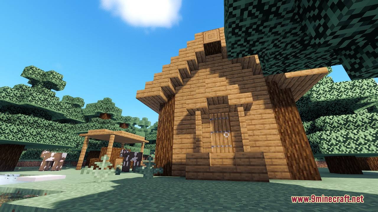 Sovereign Frontier Realms Mod Screenshot 5 Wooden farmer house stands in a forest with cows nearby