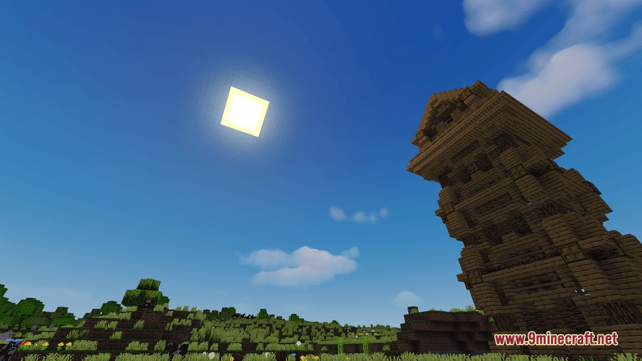 Sovereign Frontier Realms Mod Screenshot 6 Tall villager watchtower stands in a grassy field under sunlight