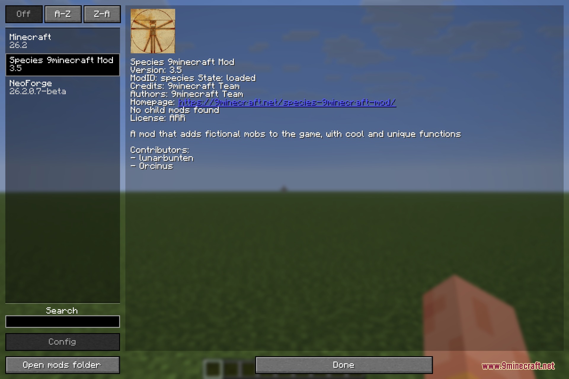 Species 9minecraft Mod Screenshot 1 A Minecraft mod menu screen showing version details for the Species mod