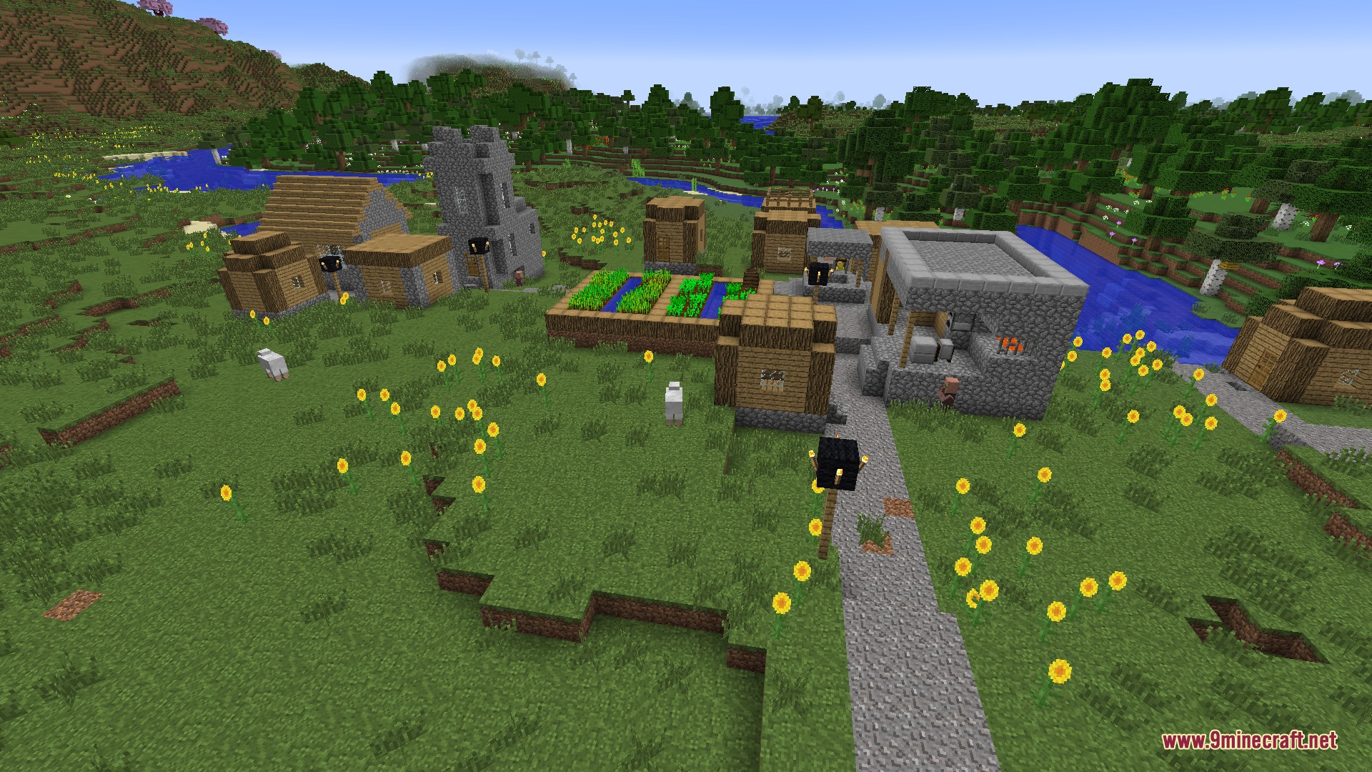 Spectral Observer 79 Mod Screenshot 1 A peaceful Minecraft village with wooden houses and a stone church near a forest