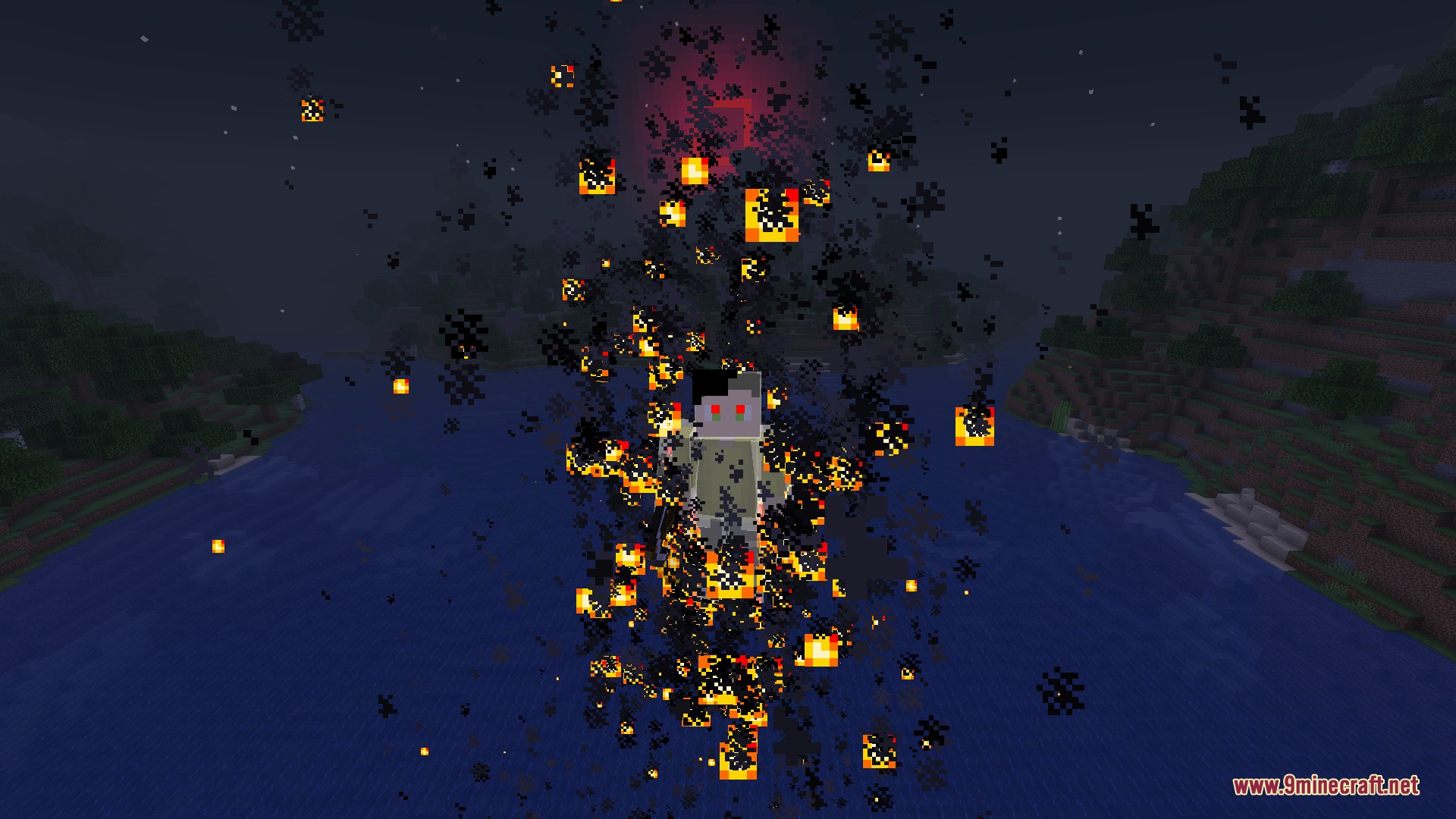 Spinjitzu Craft Legacy Mod Screenshot 2 A player activates a powerful elemental ability surrounded by dark fire and orange particles
