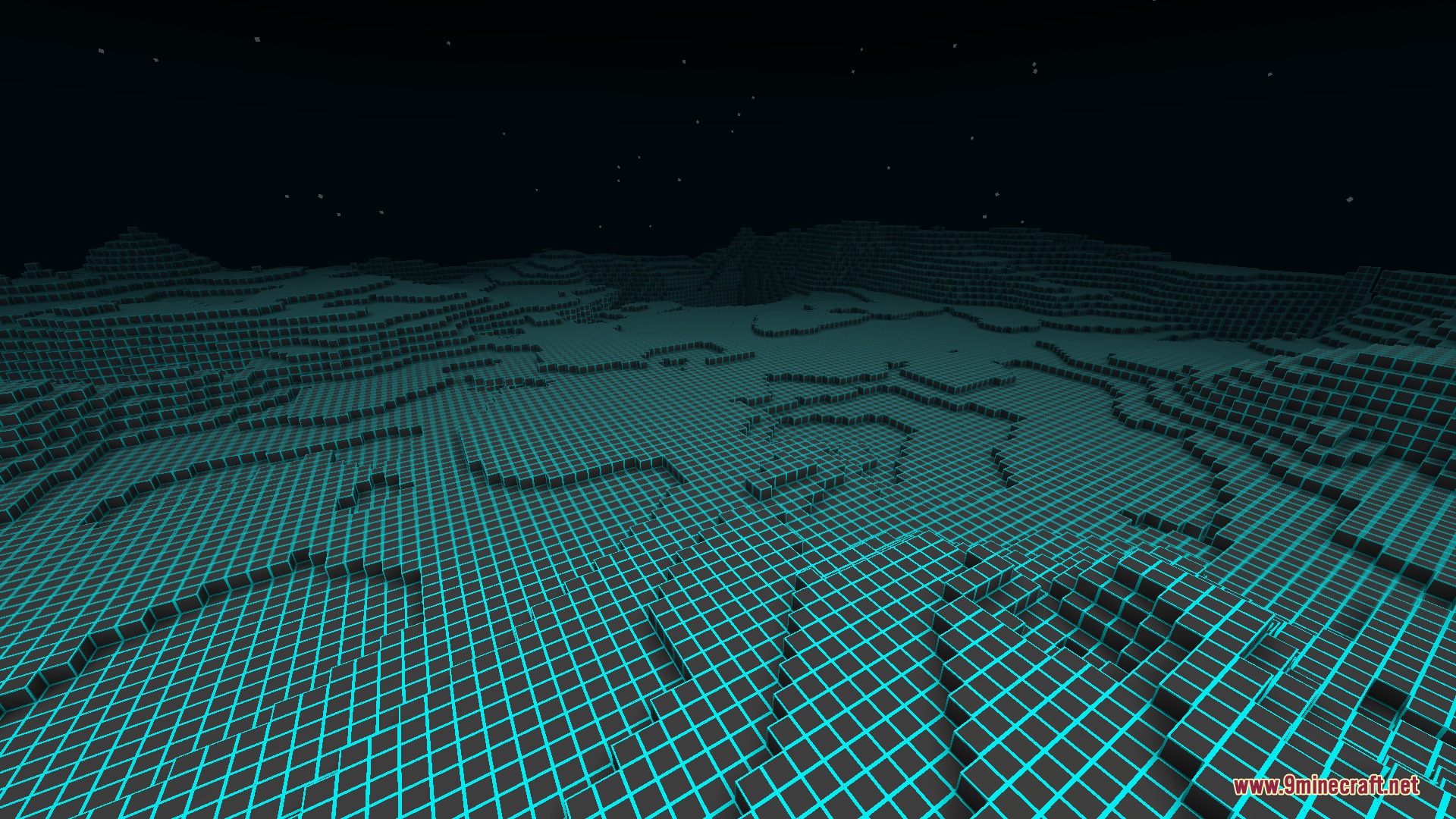 Spinjitzu Craft Legacy Mod Screenshot 4 Vast dark landscape in the Digi World dimension with glowing cyan grid lines