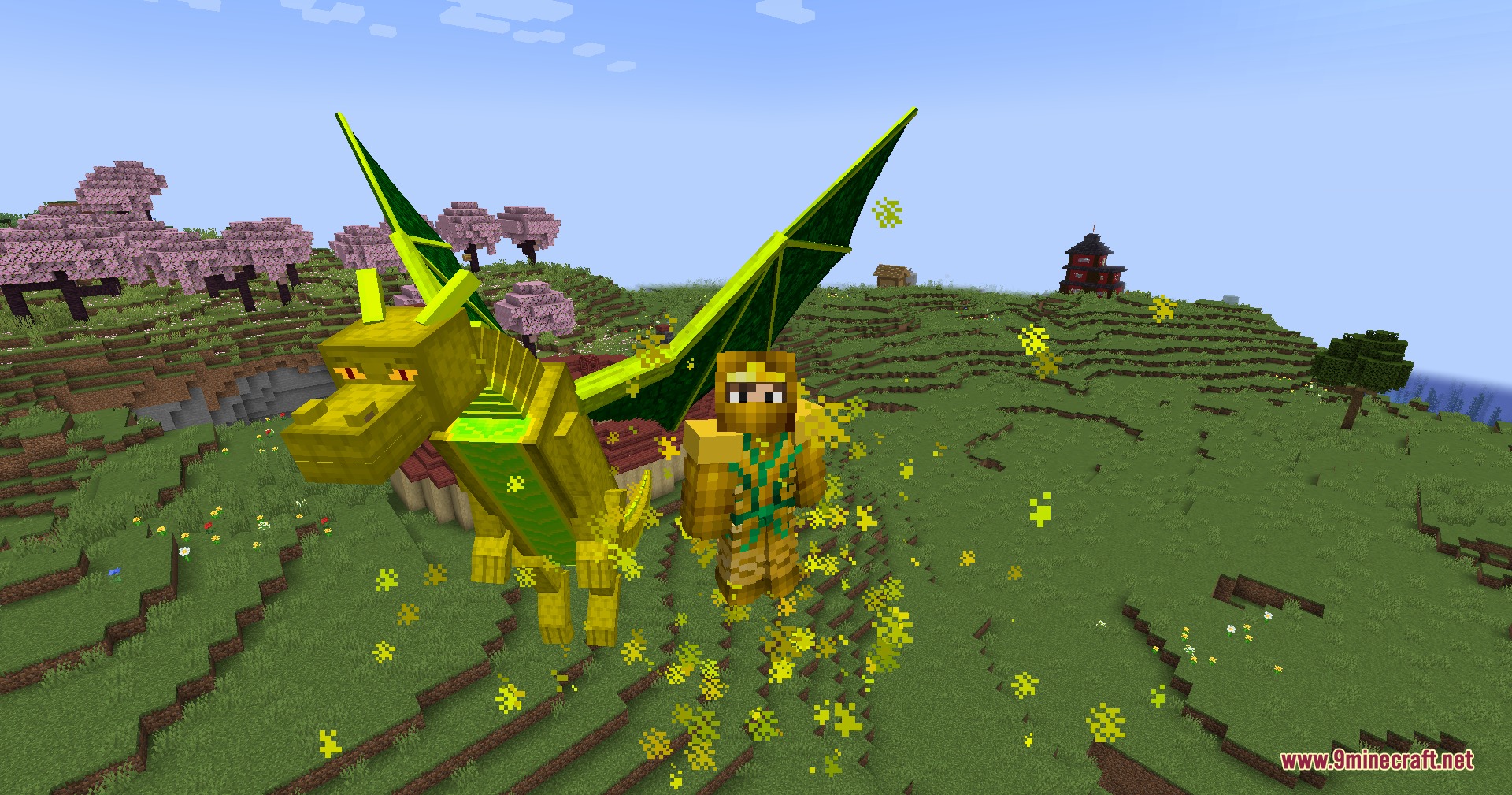 Spinjitzu Craft Legacy Mod Screenshot 7 A player in golden armor stands beside a giant golden dragon in a field