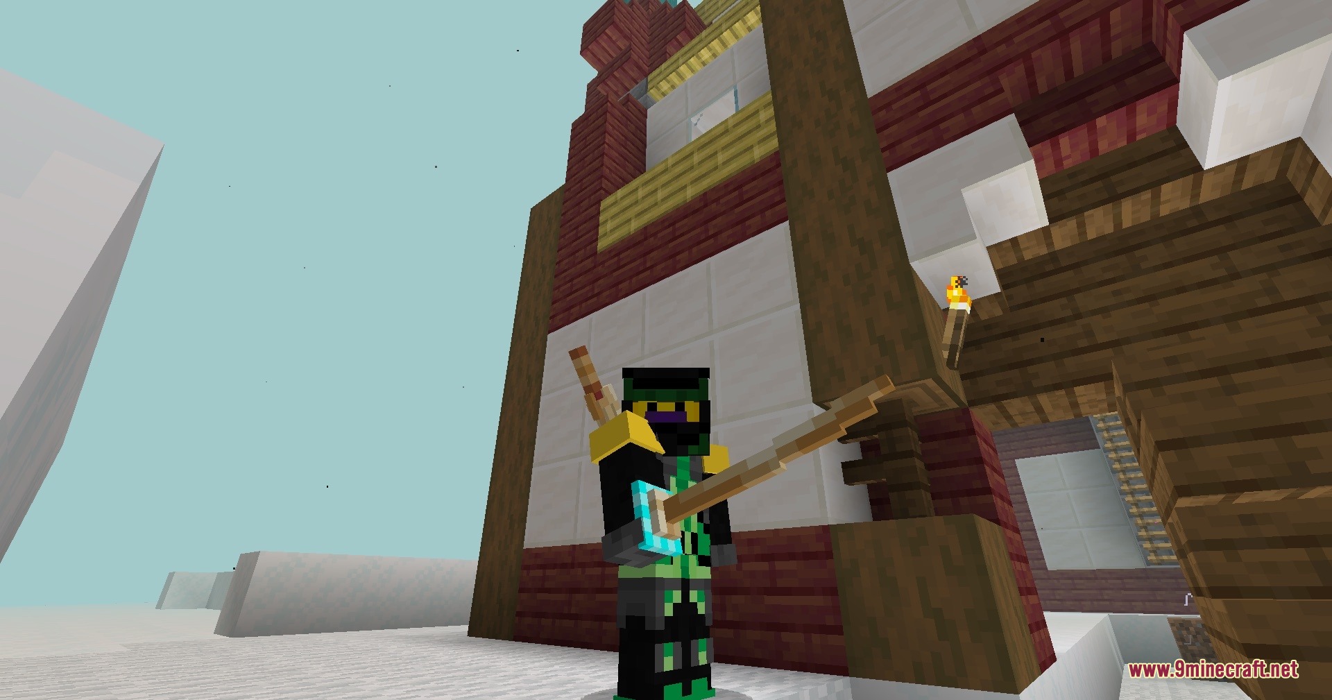 Spinjitzu Sovereign Vault Mod Screenshot 1 A player wearing green ninja armor holds a wooden katana in Minecraft
