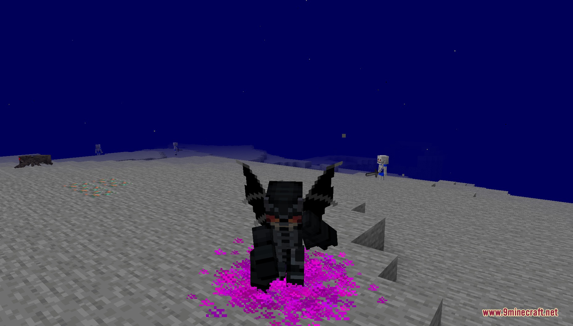 Spinjitzu Sovereign Vault Mod Screenshot 2 A dark winged creature stands on gray ground with purple particle effects