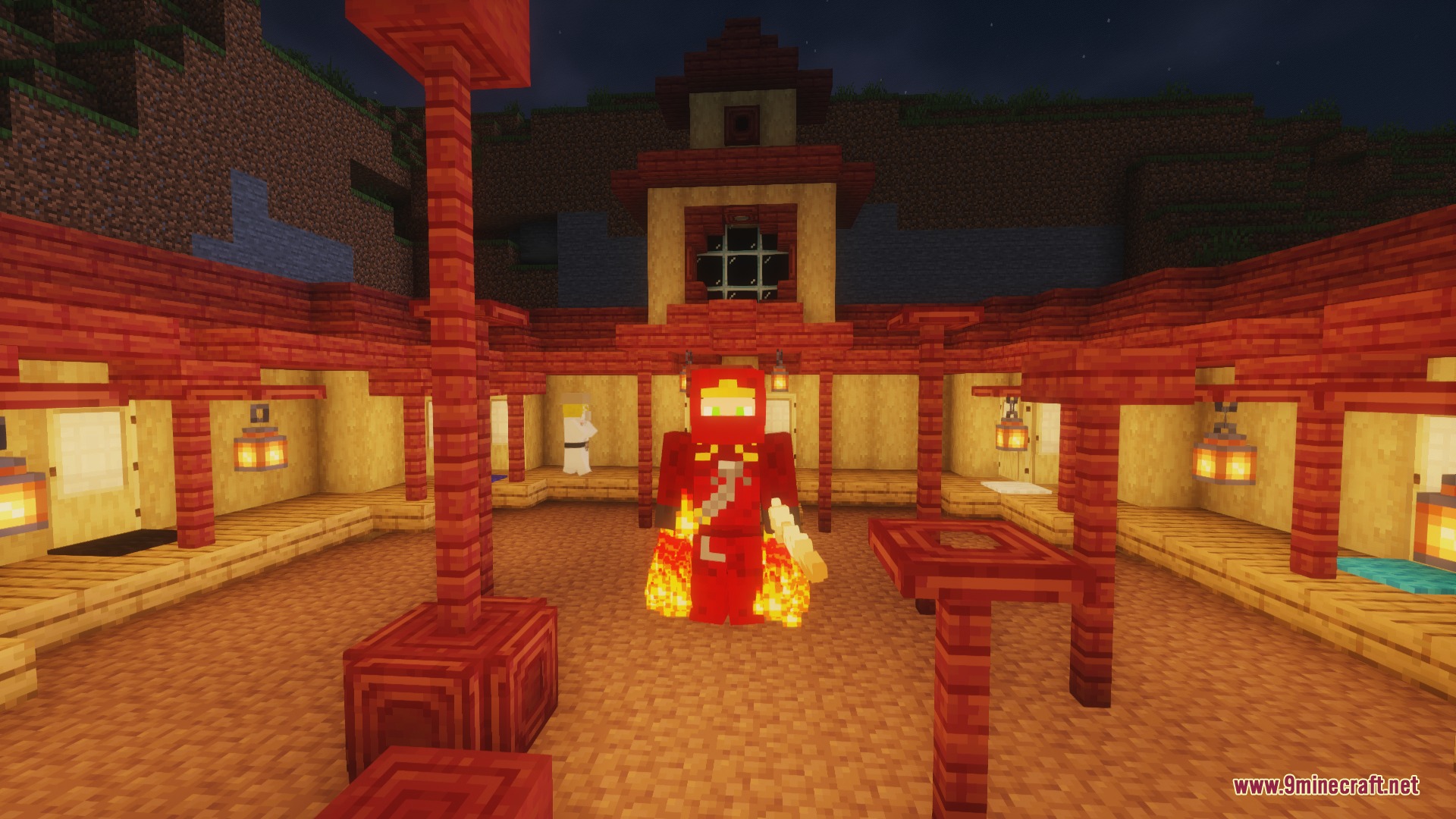 Spinjitzu Sovereign Vault Mod Screenshot 4 A red ninja character standing in a traditional Japanese courtyard at night