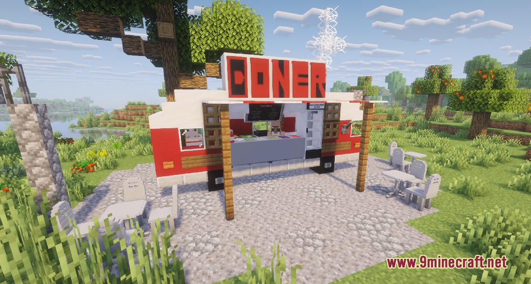 Spit Roasted Sizzles Mod Screenshot 3 A red and white doner kebab food truck with outdoor seating