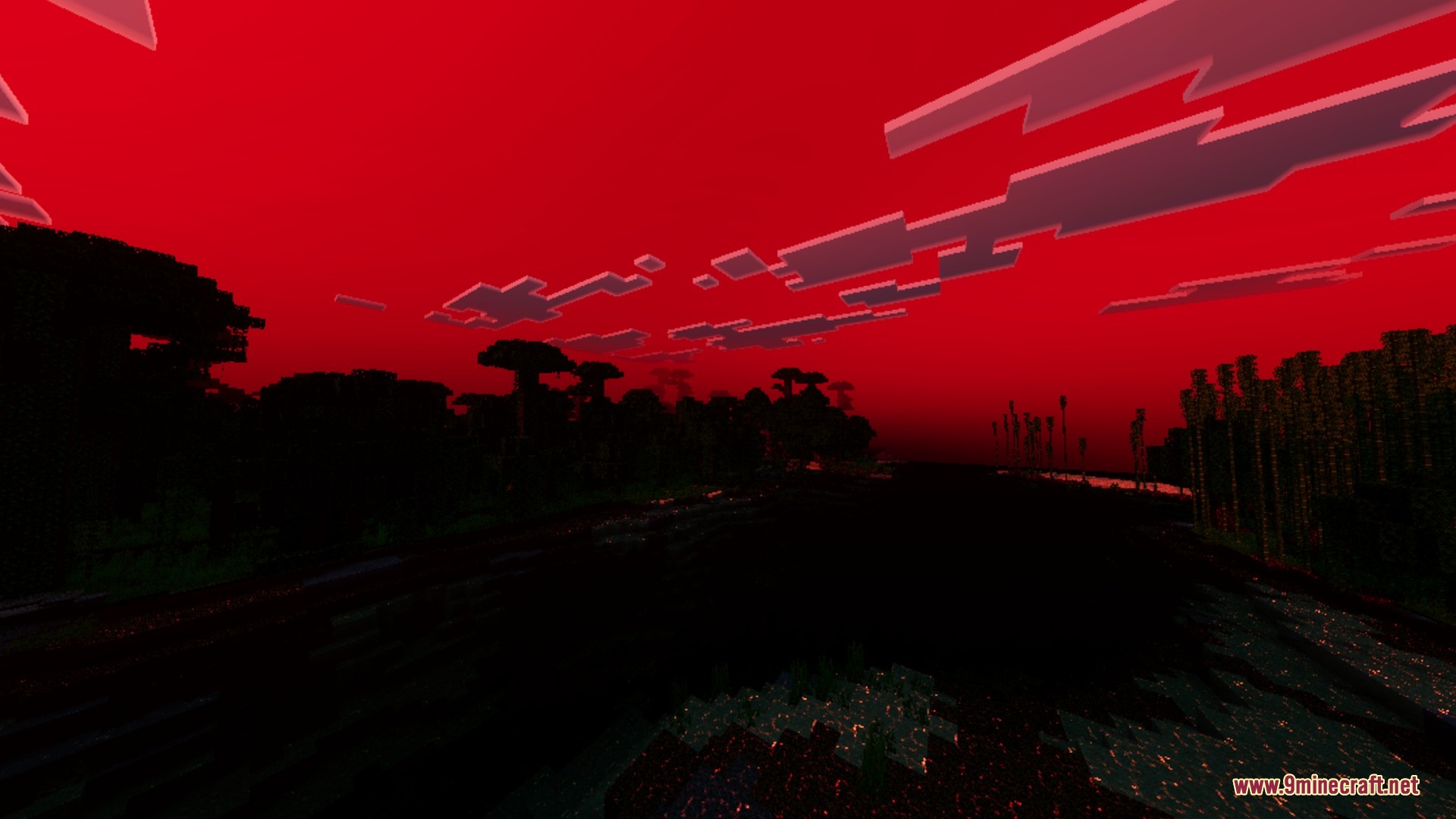 A dark forest silhouette stands beneath a deep red and eerie sky