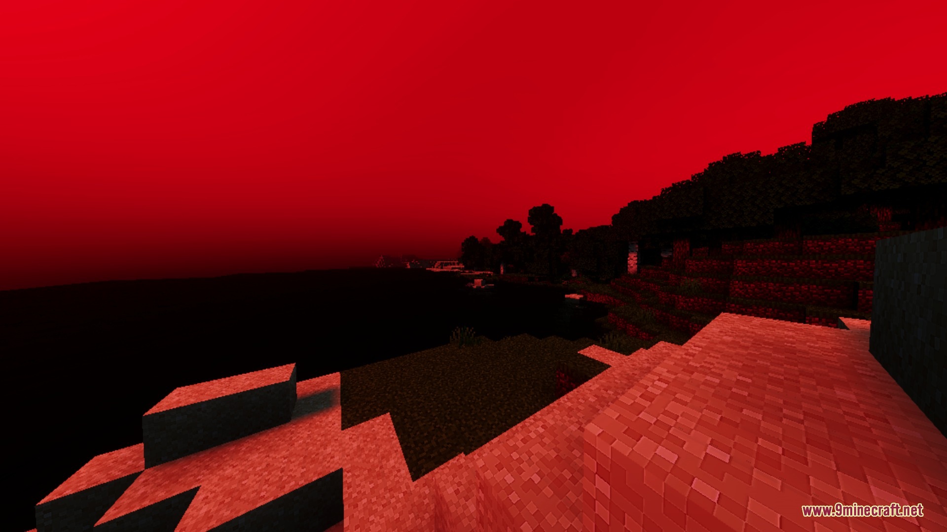 Minecraft terrain and blocks illuminated by a constant dark red sky effect