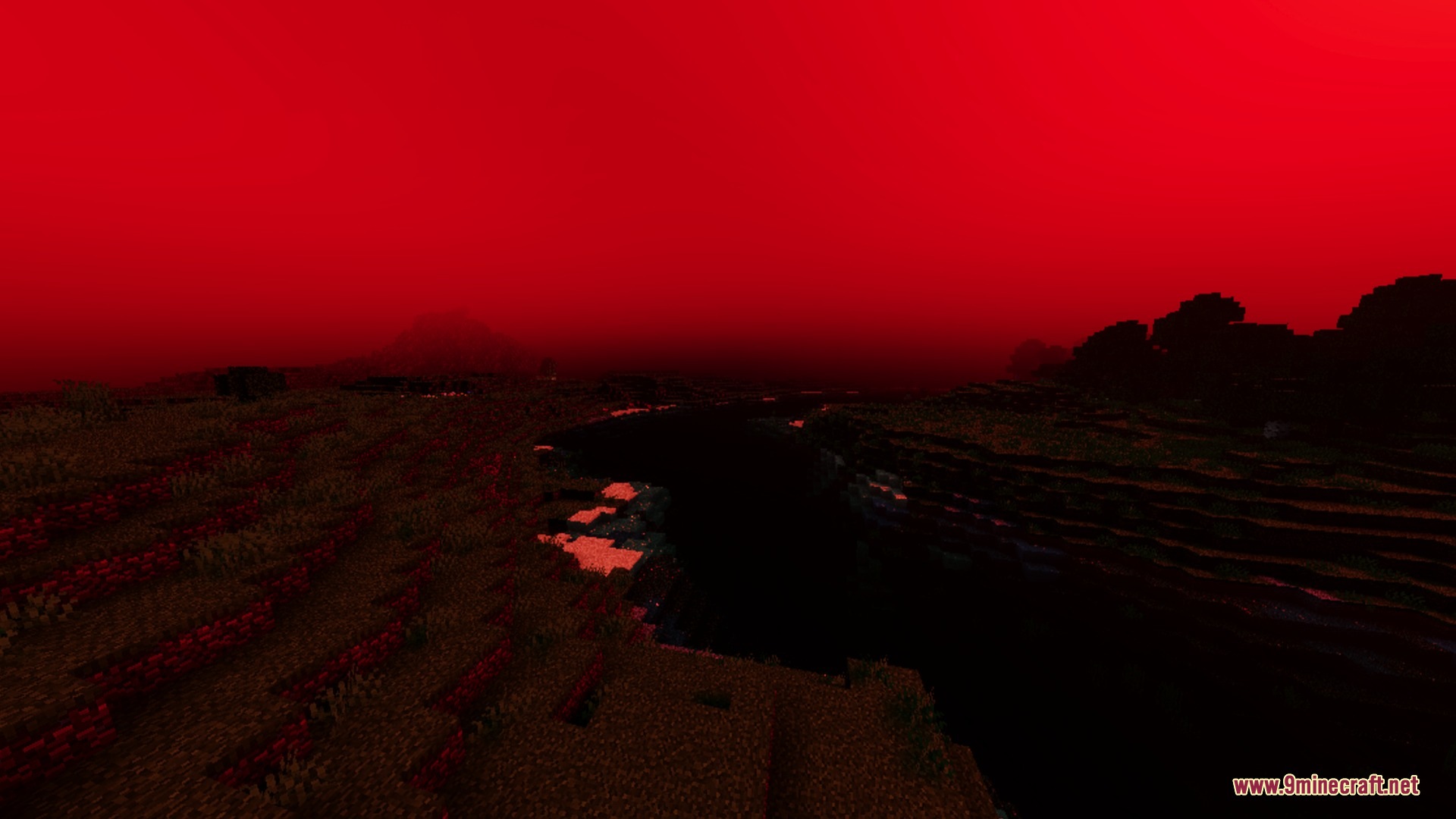 A dark Minecraft world under a solid red sky with an eerie atmosphere