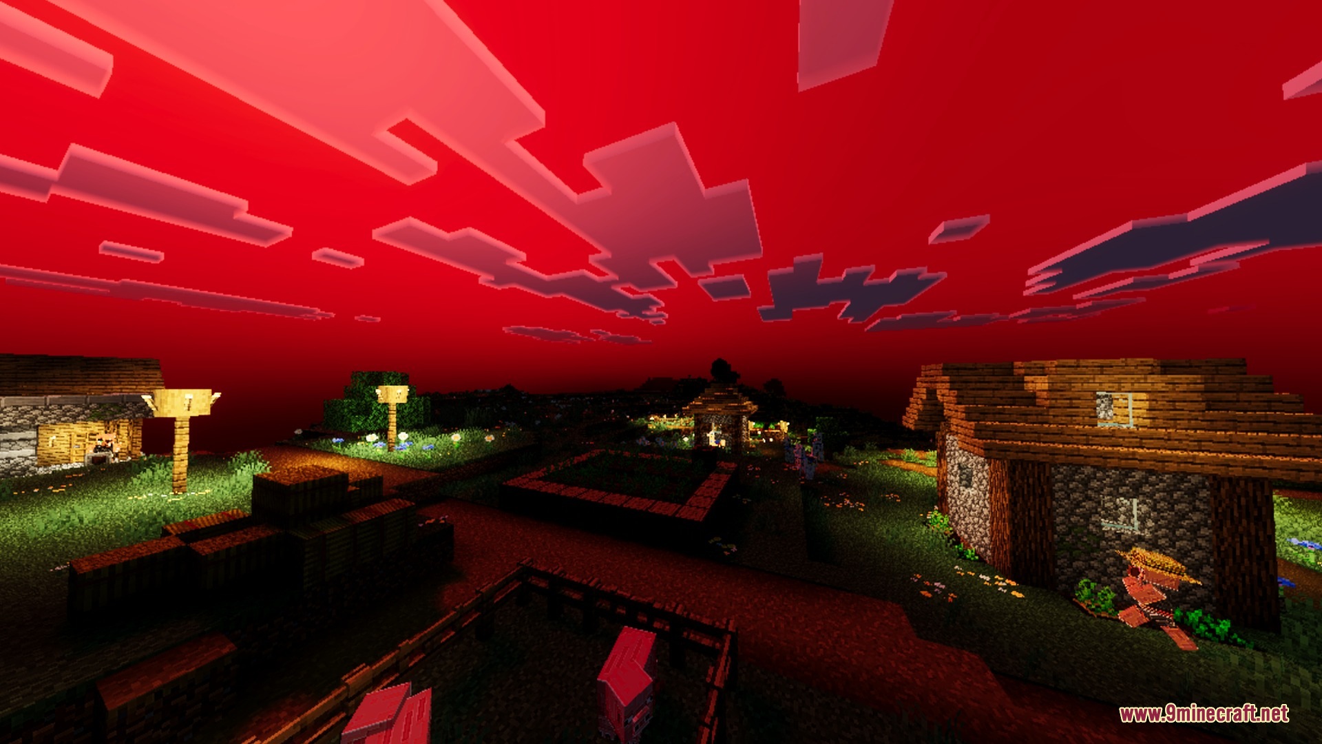 A peaceful Minecraft village sits under a constant and spooky dark red atmosphere