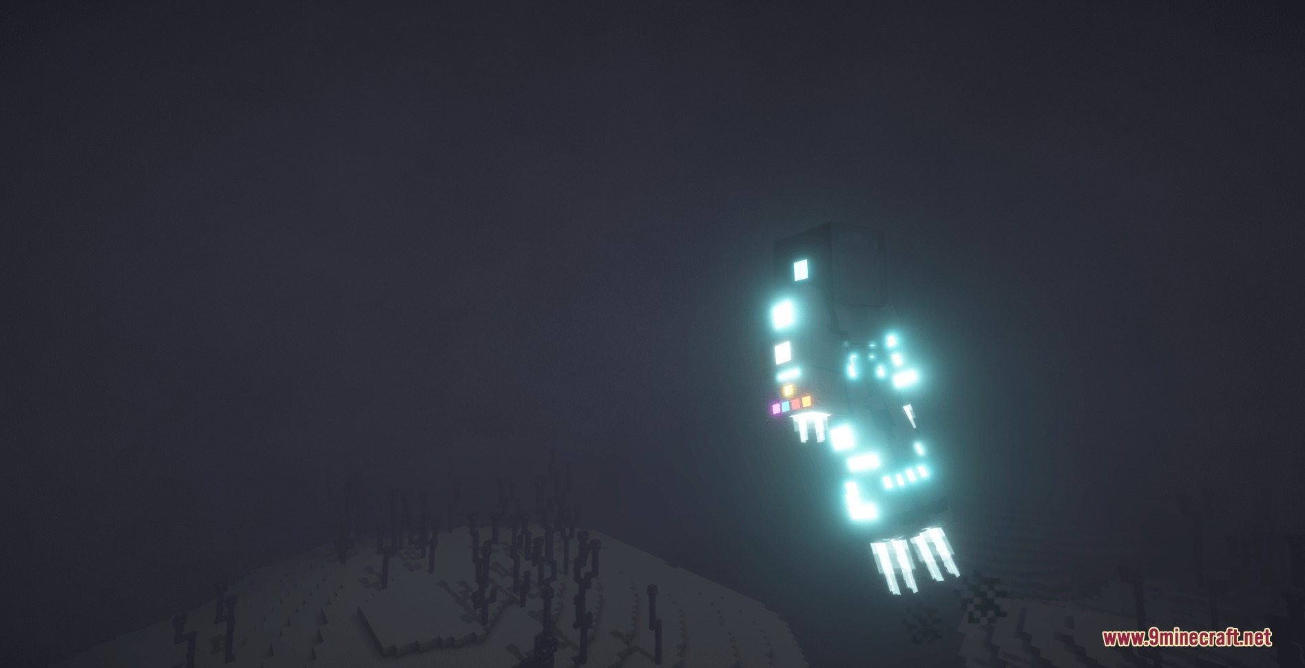 Stark Cosmic Fusion Mod Screenshot 3 Glowing high tech armor suit floating in a dark and foggy environment