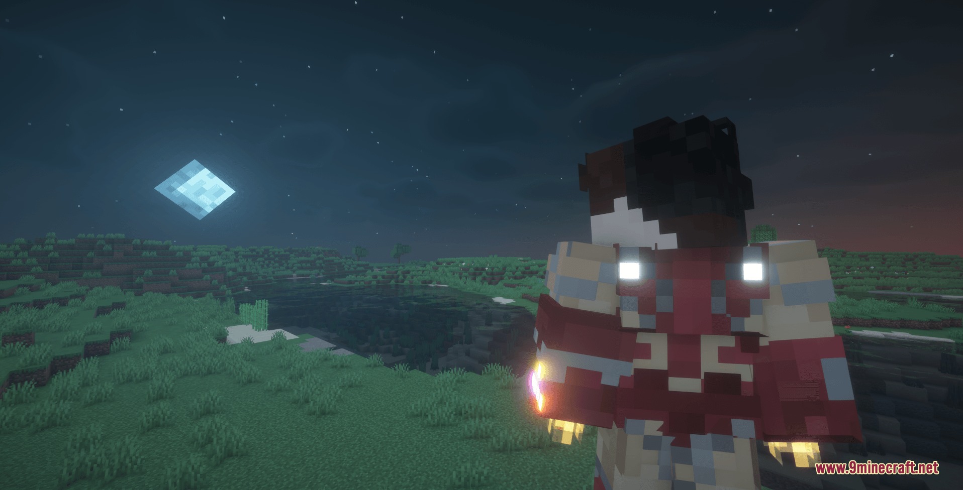 Stark Cosmic Fusion Mod Screenshot 4 Player wearing Mark 85 armor suit looking at the moon at night