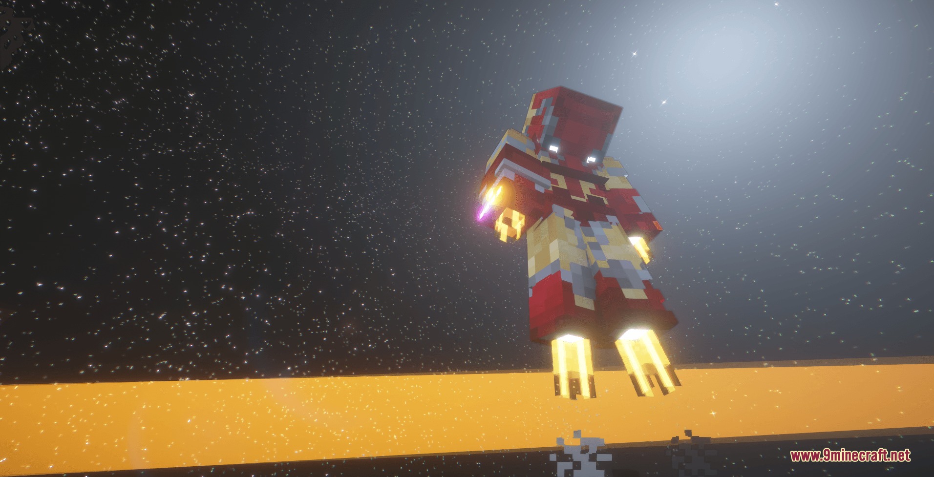 Stark Cosmic Fusion Mod Screenshot 5 Iron Man character flying in space with glowing thrusters and cosmic stones