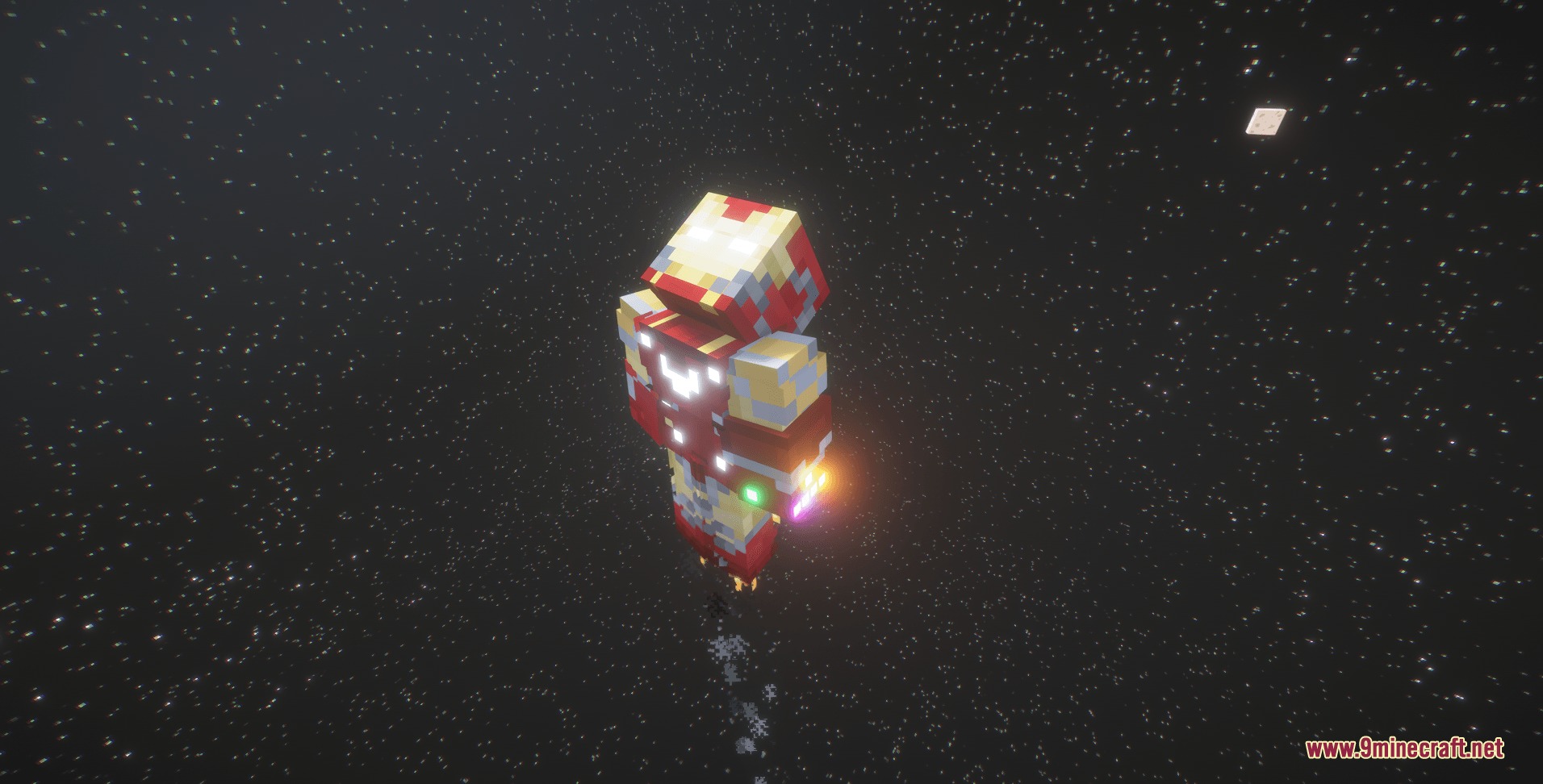 Stark Cosmic Fusion Mod Screenshot 6 Minecraft player wearing Mark 85 armor with Infinity Stones floating in space
