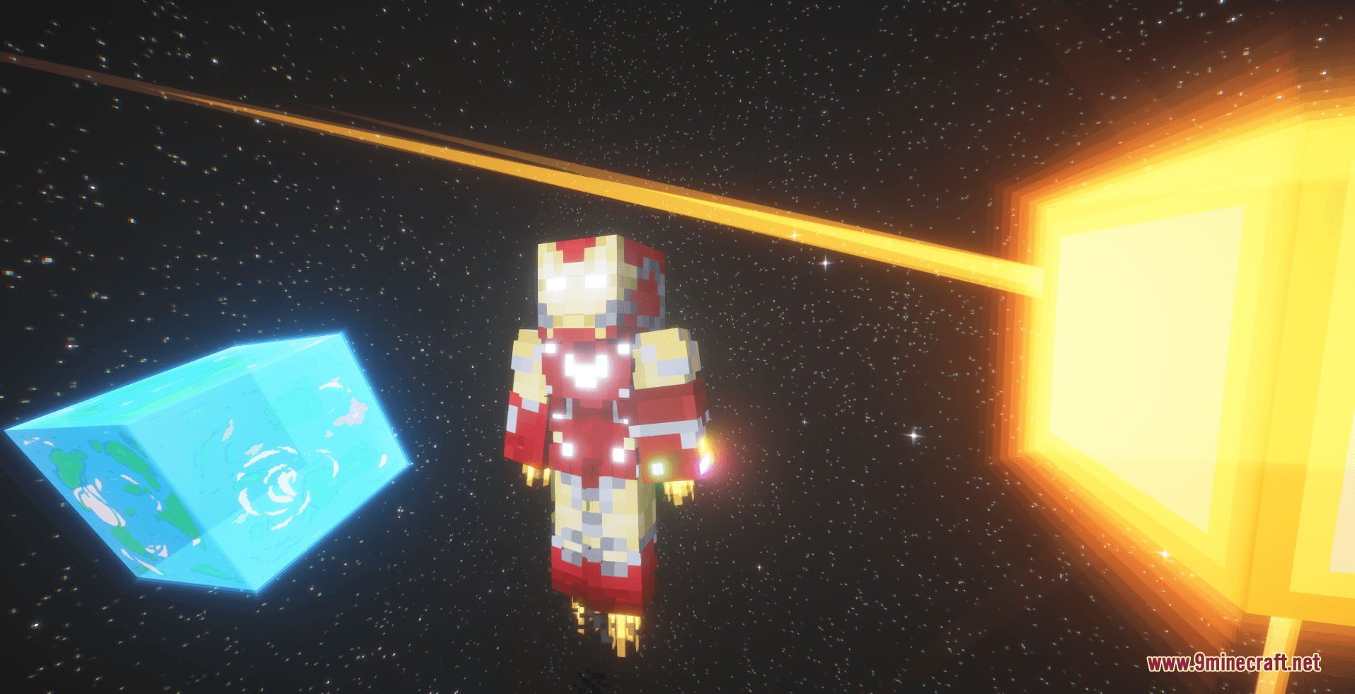 Stark Cosmic Fusion Mod Screenshot 7 Iron Man character floating in space between a blocky Earth and Sun