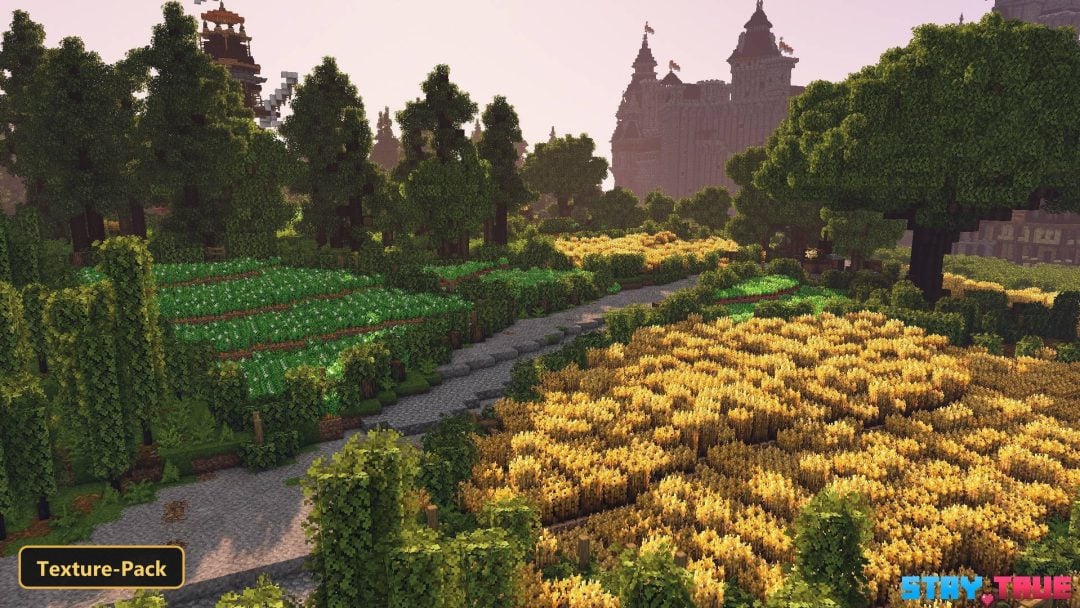 large castle, green and golden fields, trees, pathway, sunset