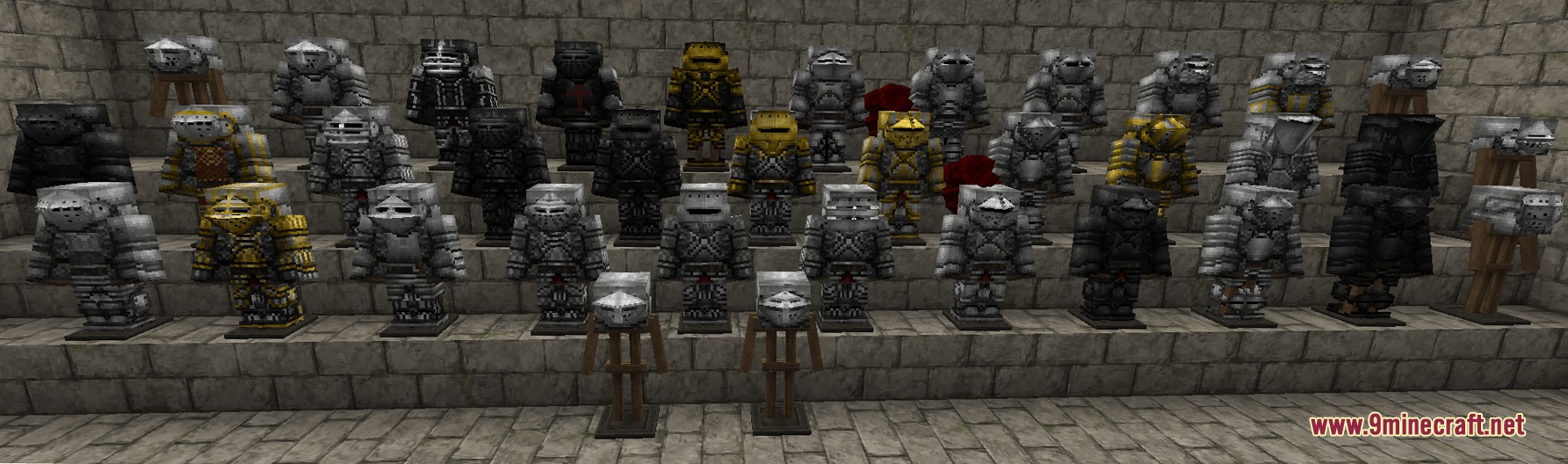 Detailed knightly plate armor sets displayed on stands against a stone wall
