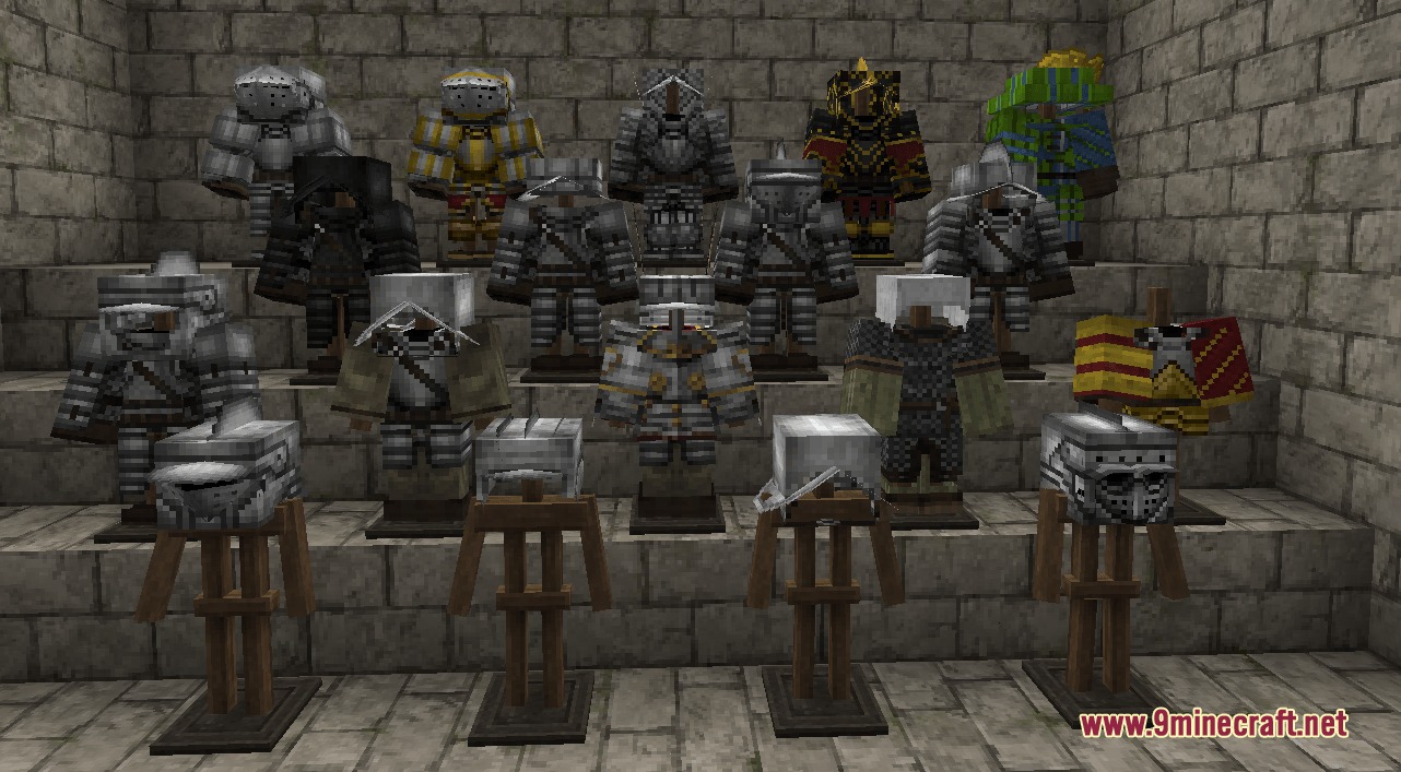 Various medieval plate and chainmail armor sets displayed on wooden stands