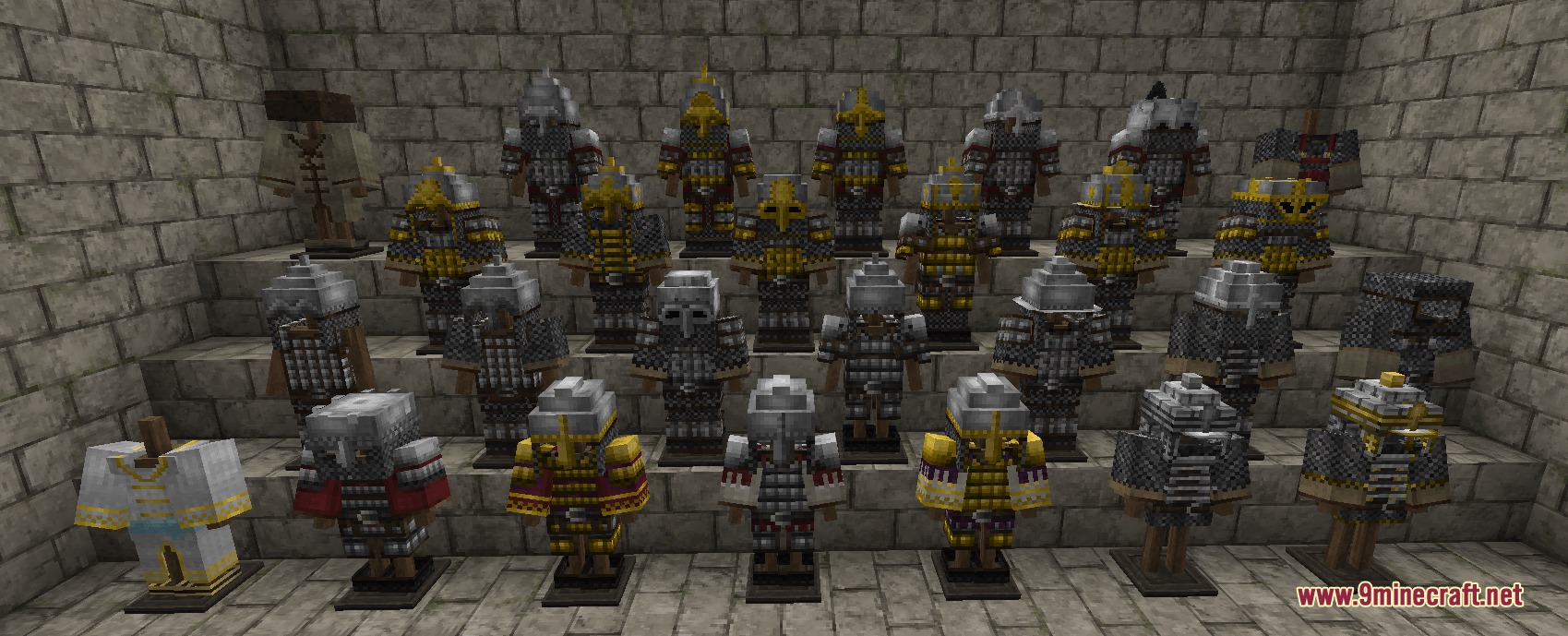 A wide variety of historical armor sets with intricate golden details