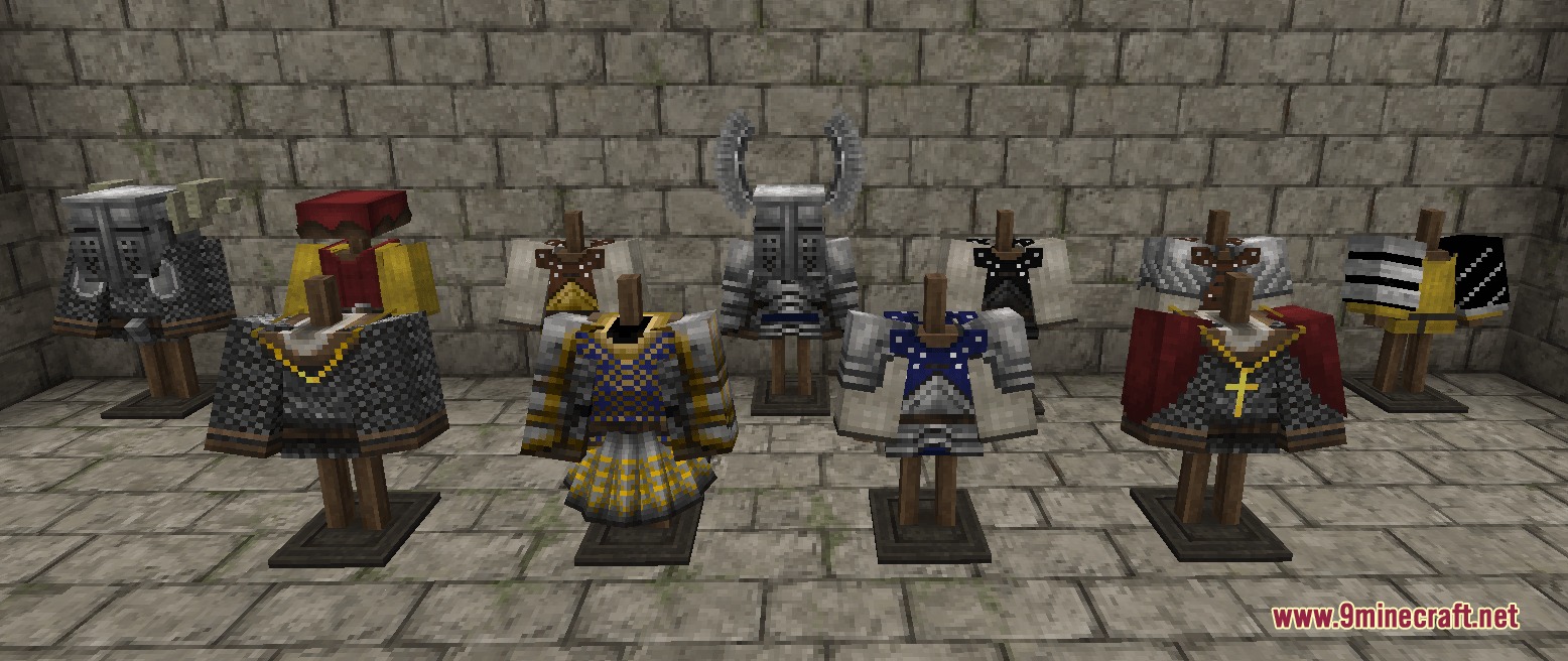 Historical knight armor with unique helmets and tunics on wooden stands