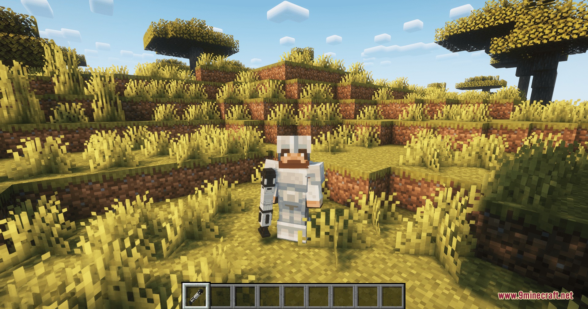 Steel Pulse Vanguard Mod Screenshot 2 Player wearing white futuristic armor standing in a grassy savanna biome