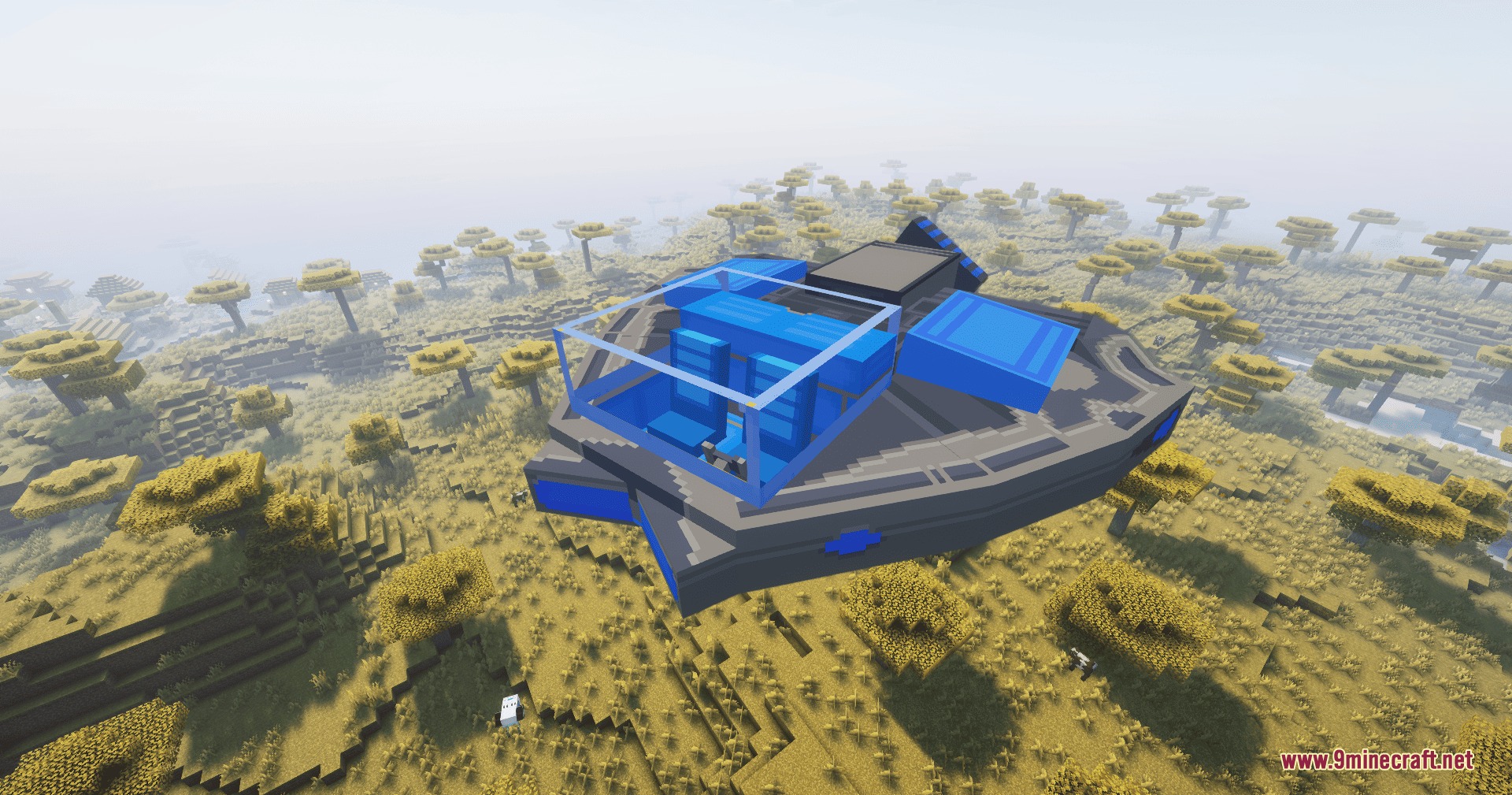 Steel Pulse Vanguard Mod Screenshot 3 Futuristic blue and grey pilotable mech hovering over a savanna biome