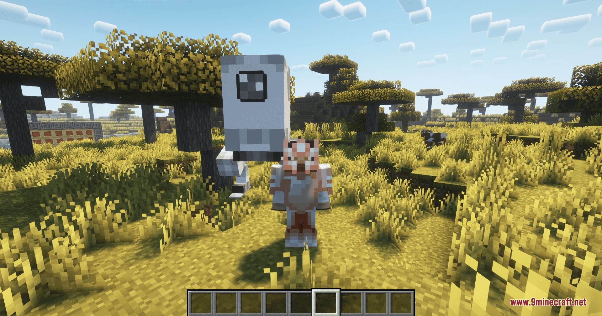 Steel Pulse Vanguard Mod Screenshot 5 Player stands beside a tall white robot sentry in a savanna