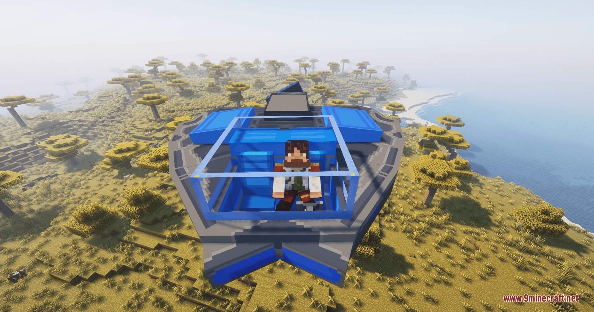 Steel Pulse Vanguard Mod Screenshot 6 Player pilots a blue futuristic flying vehicle over a savanna landscape