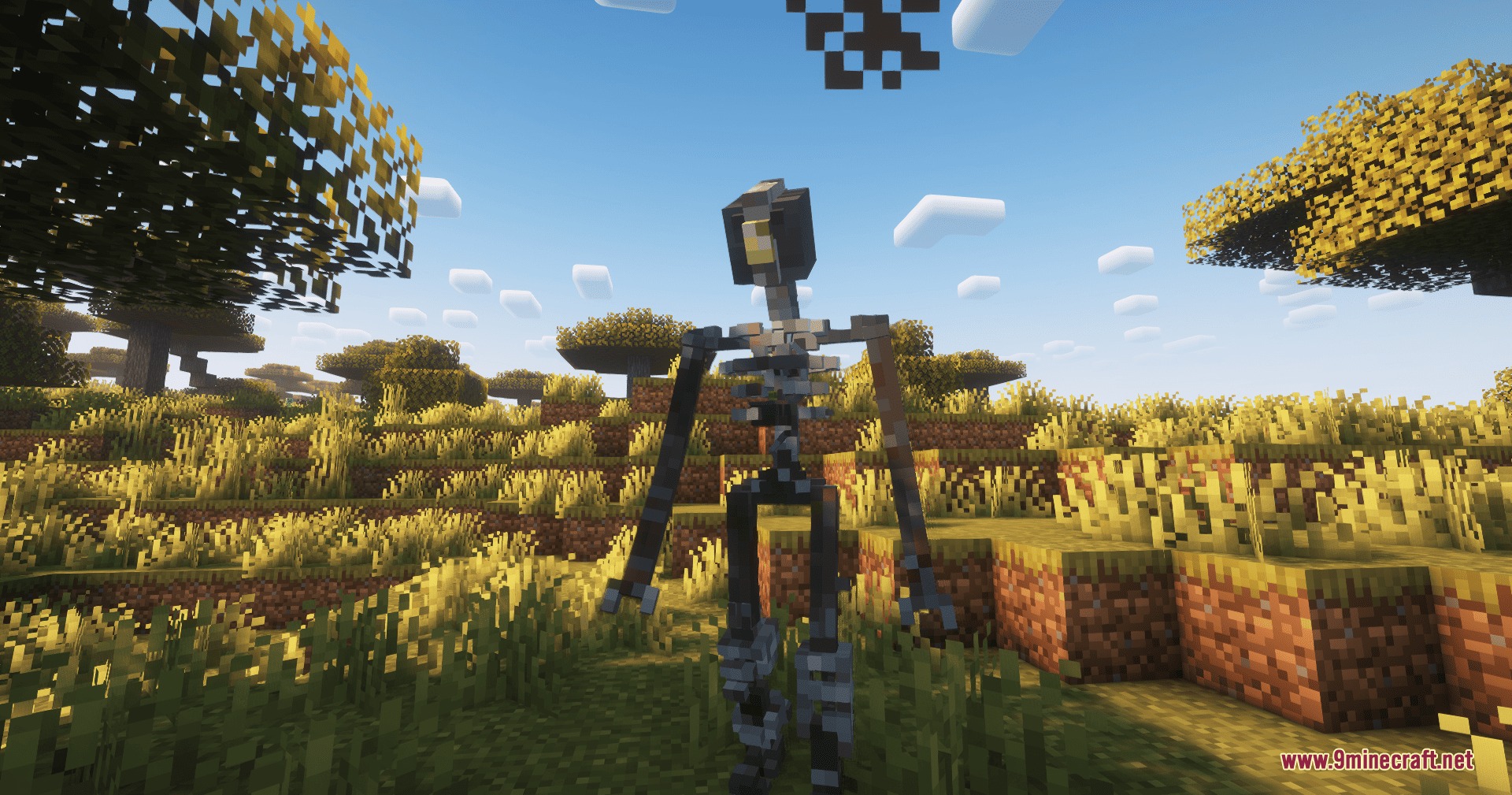 Steel Pulse Vanguard Mod Screenshot 7 A tall robotic sentry stands in a sunny Minecraft savanna biome