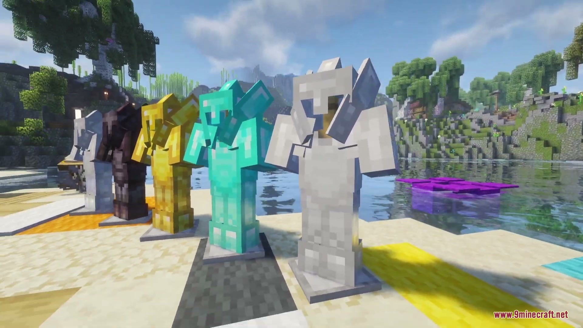 Multiple armor stands showcasing different knight armor sets on a sunny beach