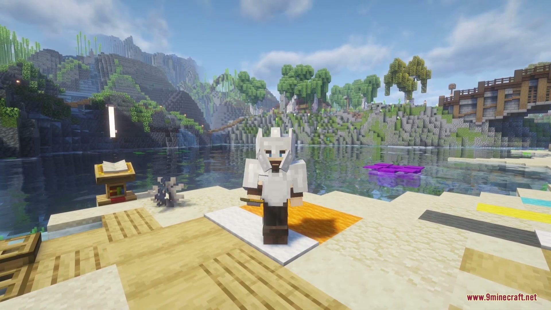 A player character wearing a white knight helmet and chestplate on a beach