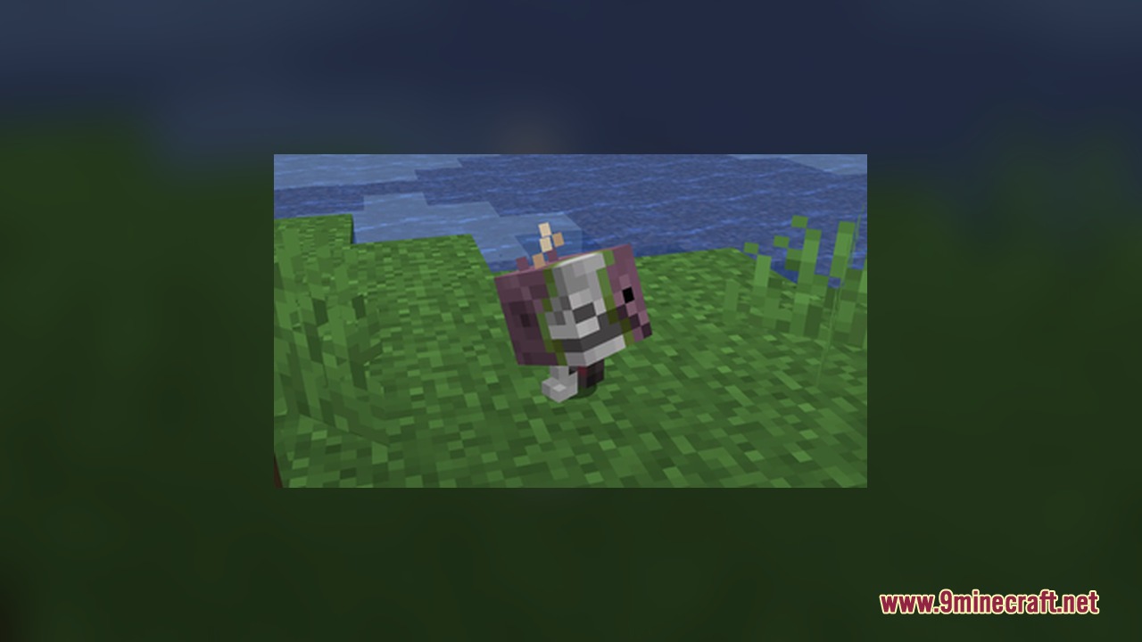 StriderZ Resource Pack Screenshot 2 A zombified strider with rotting skin standing on the grass near water
