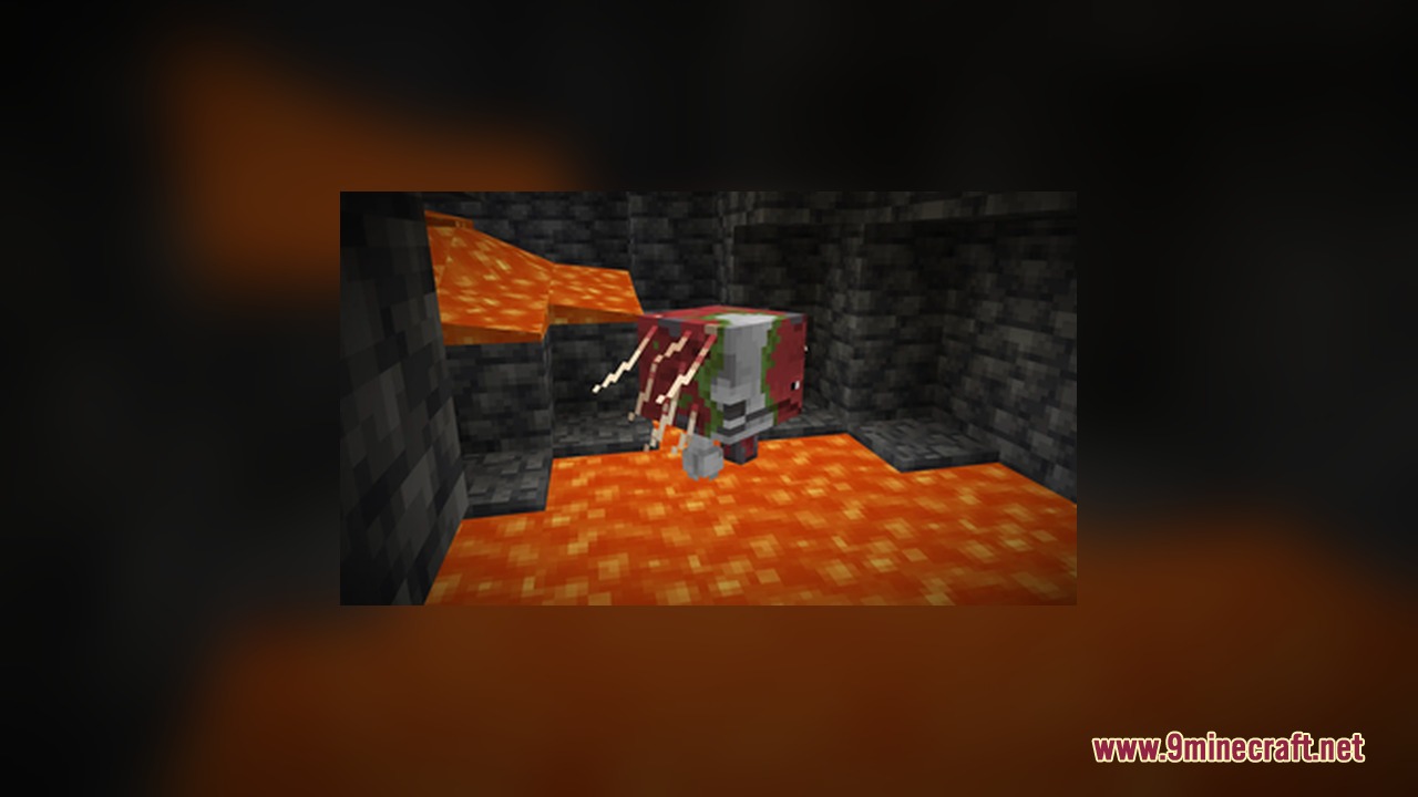 StriderZ Resource Pack Screenshot 3 A zombified strider standing near a lava pool inside a dark cave