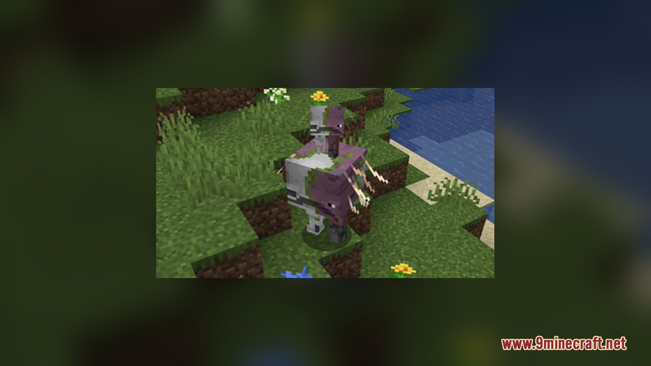 StriderZ Resource Pack Screenshot 4 A zombified strider carrying a baby strider in a grassy Overworld biome